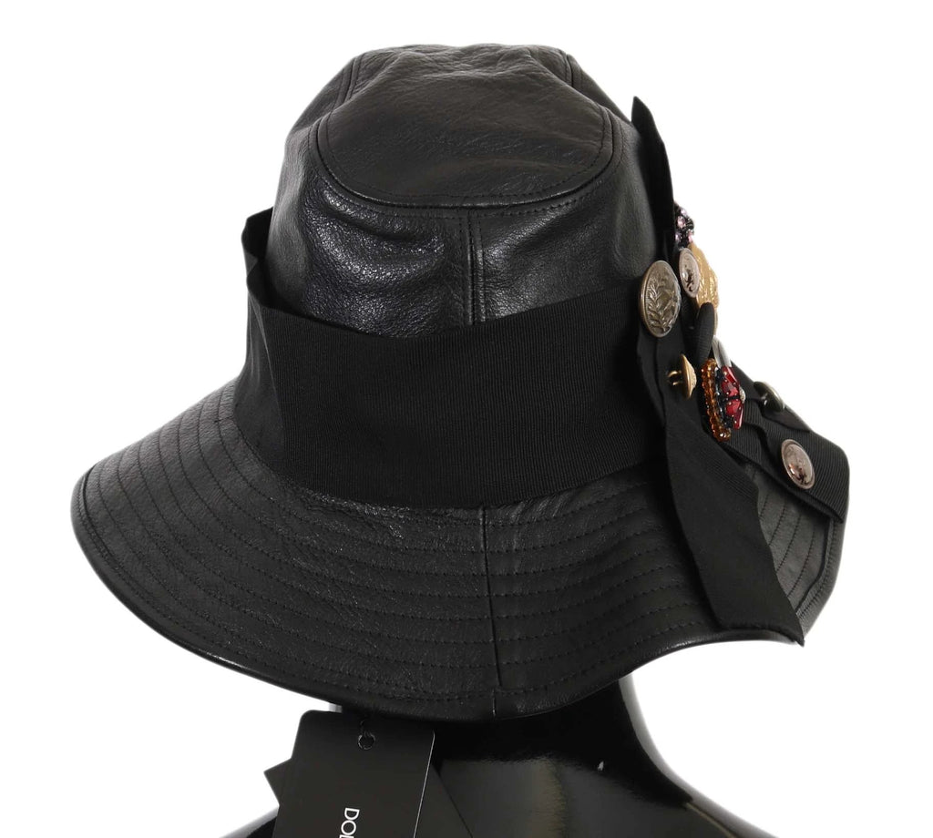 Dolce & Gabbana Black Leather DG Coin Crystal Wide Brim Hat by Dolce & Gabbana