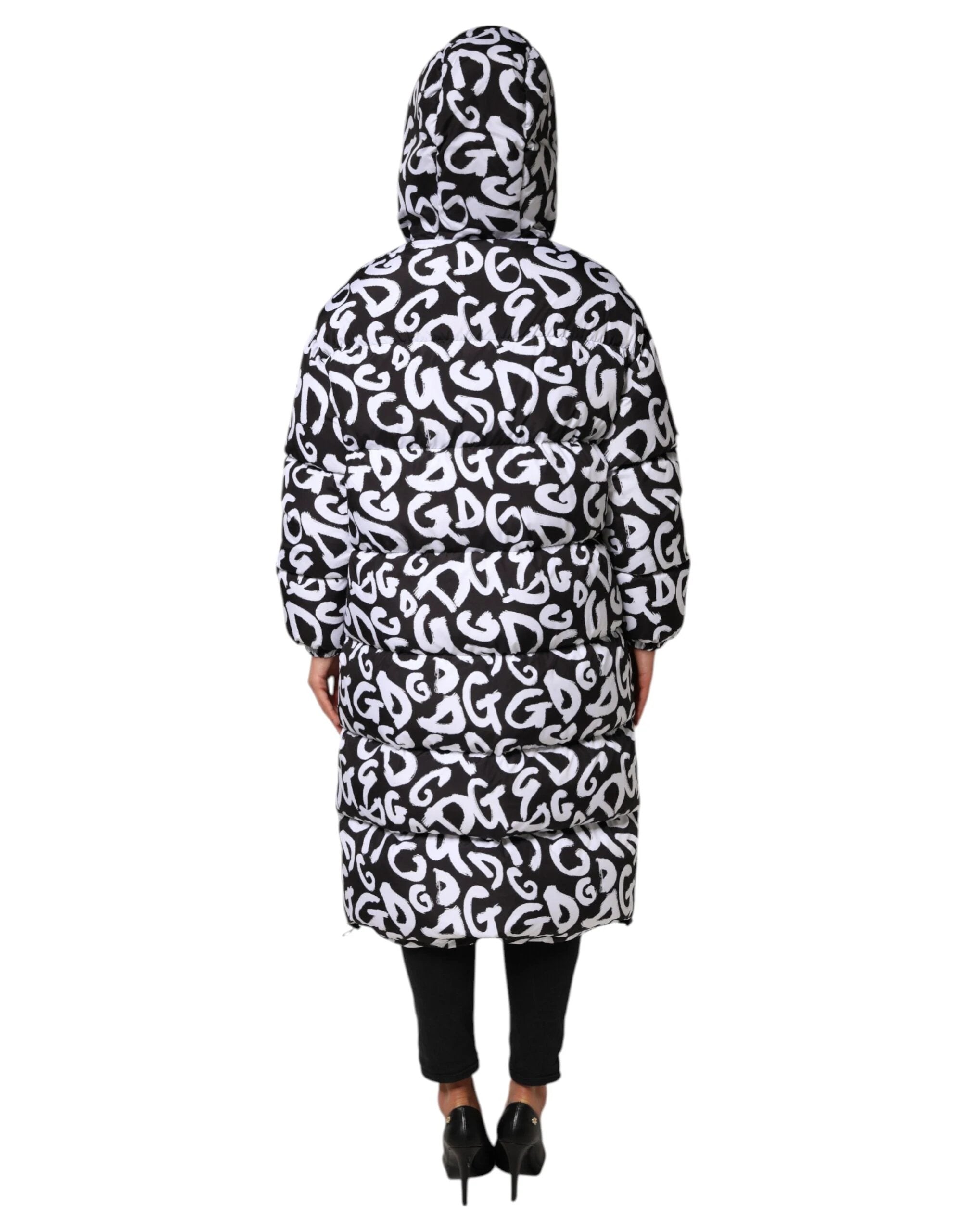 Dolce & Gabbana Black White DG Mania Hooded Long Coat Jacket by Dolce & Gabbana