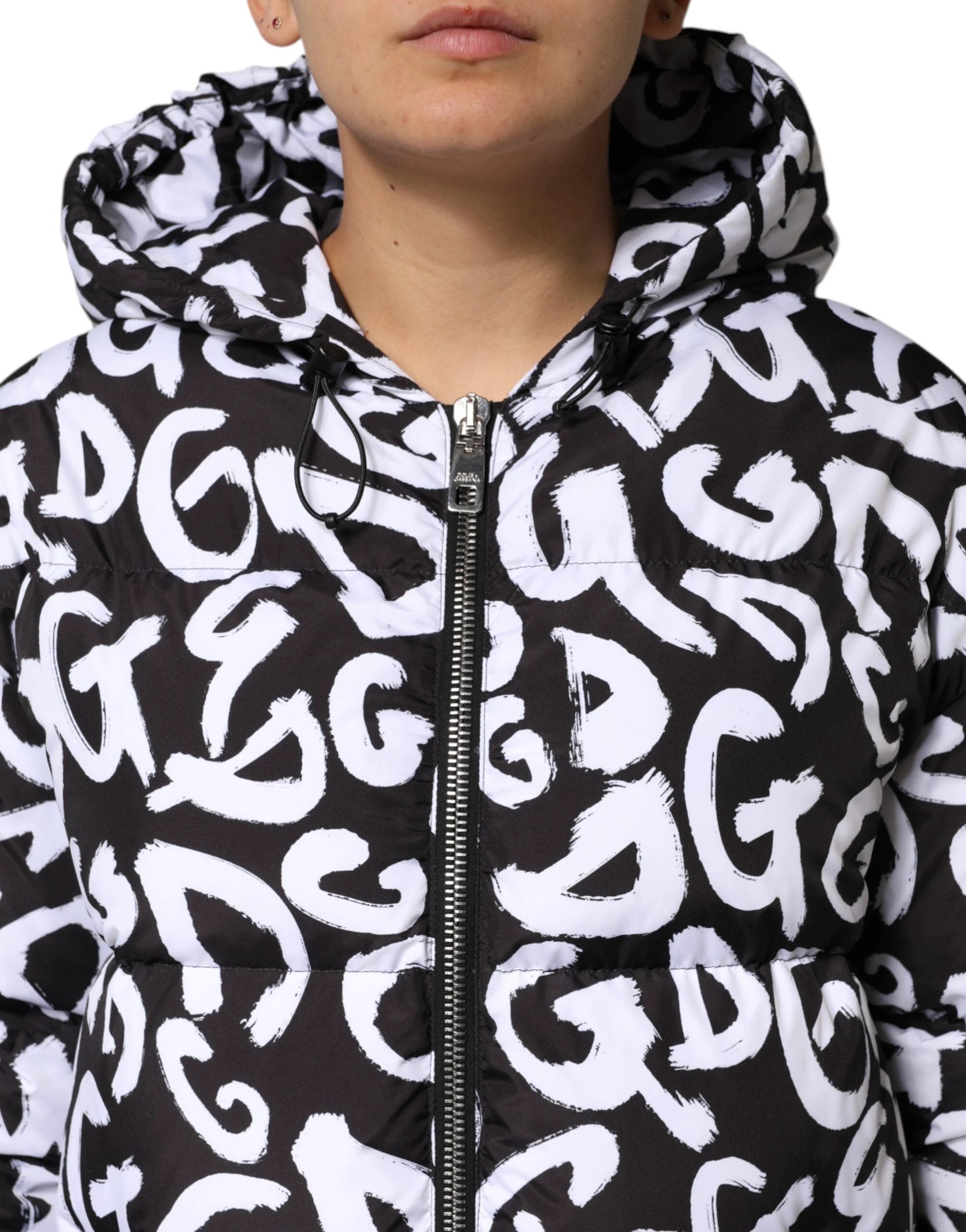Dolce & Gabbana Black White DG Mania Hooded Long Coat Jacket by Dolce & Gabbana