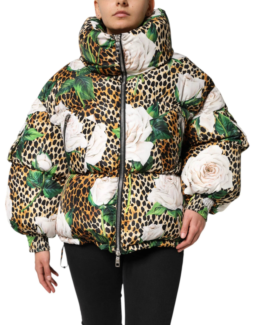 Dolce & Gabbana Multicolor Leopard Rose Puffer Quilted Jacket by Dolce & Gabbana