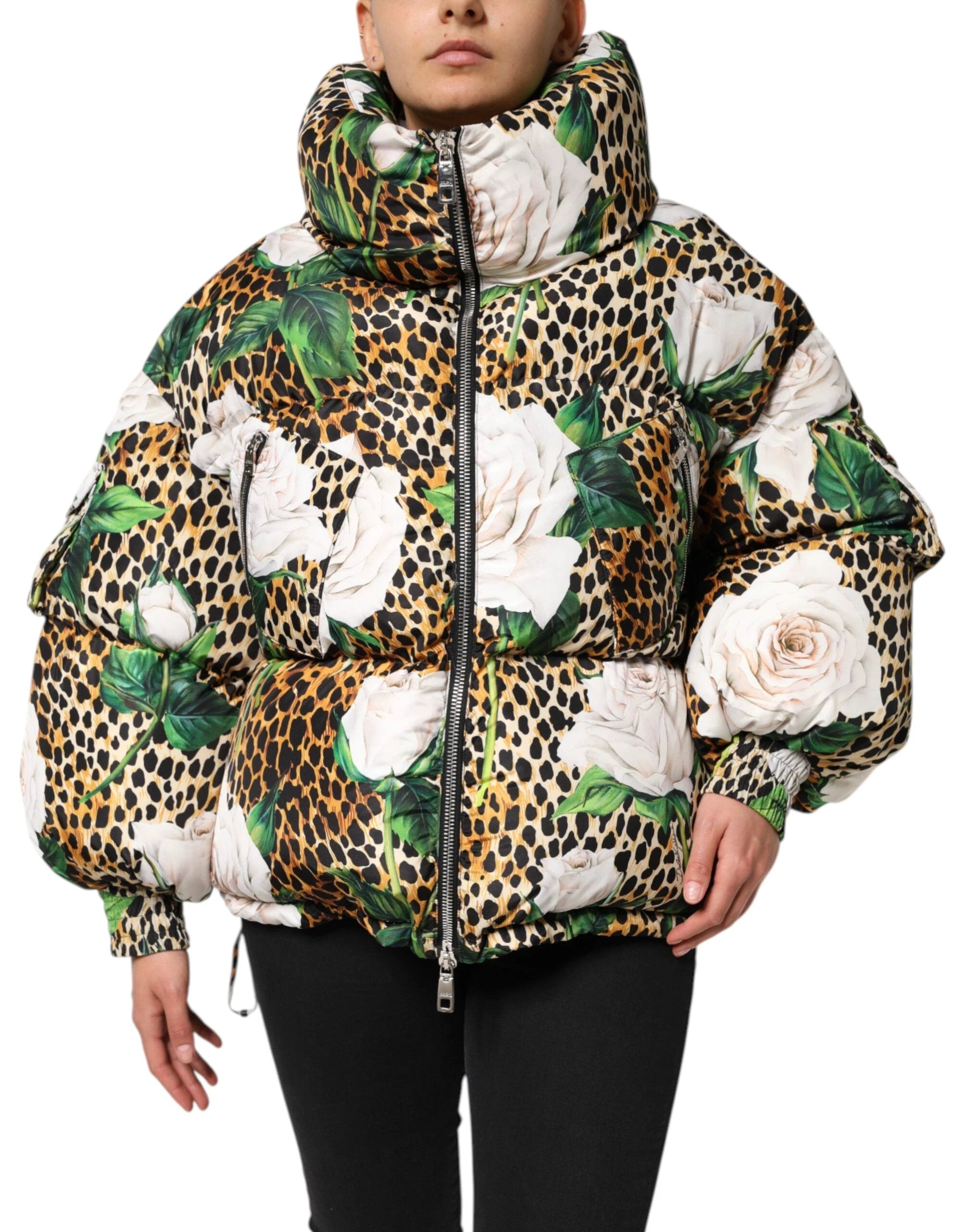 Dolce & Gabbana Multicolor Leopard Rose Puffer Quilted Jacket by Dolce & Gabbana