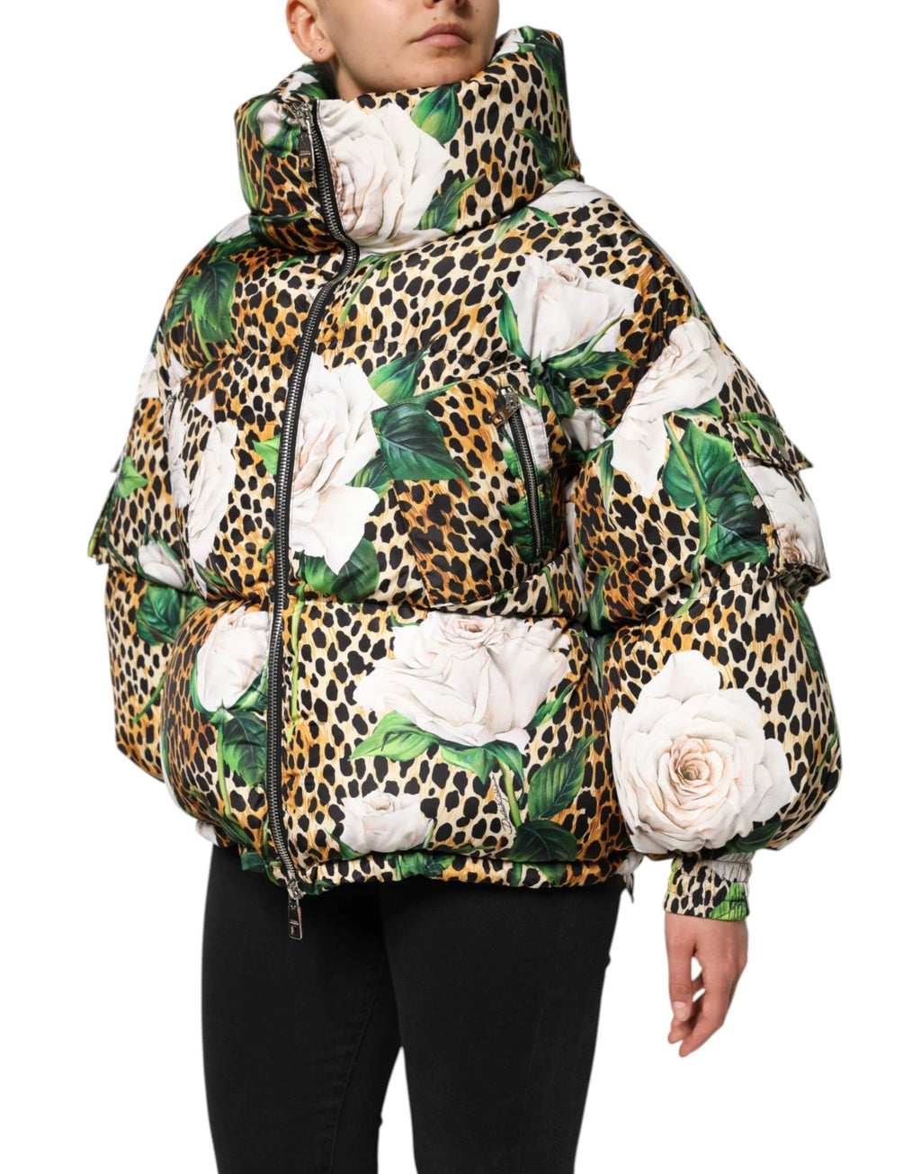 Dolce & Gabbana Multicolor Leopard Rose Puffer Quilted Jacket by Dolce & Gabbana