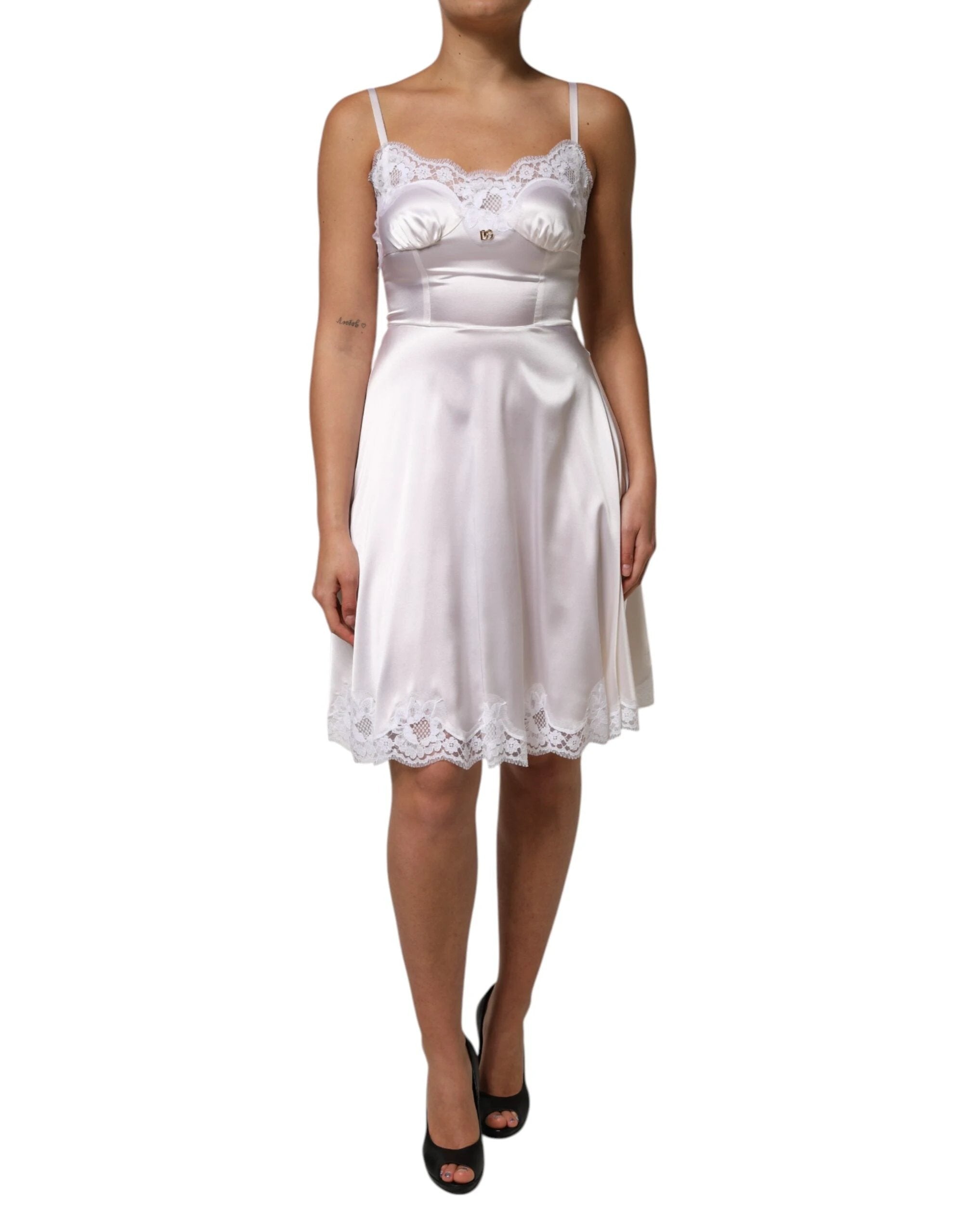 Dolce & Gabbana White Lace Gold DG Logo Silk Dress Sleepwear by Dolce & Gabbana