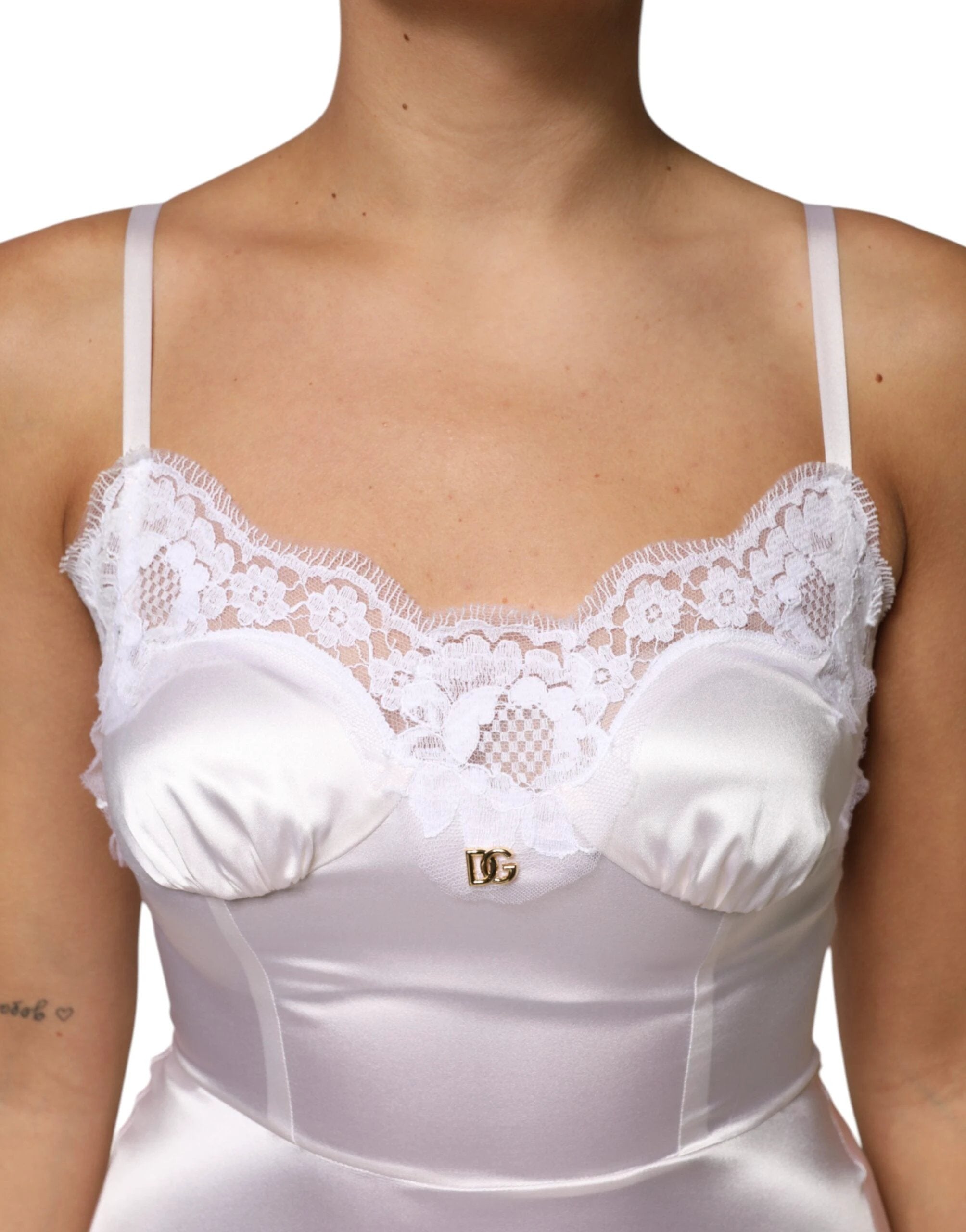 Dolce & Gabbana White Lace Gold DG Logo Silk Dress Sleepwear by Dolce & Gabbana