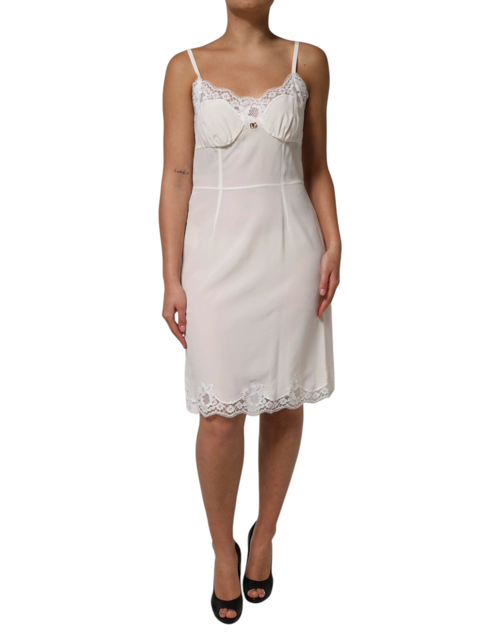 Dolce & Gabbana White Lace Gold DG Logo Silk Dress Sleepwear by Dolce & Gabbana