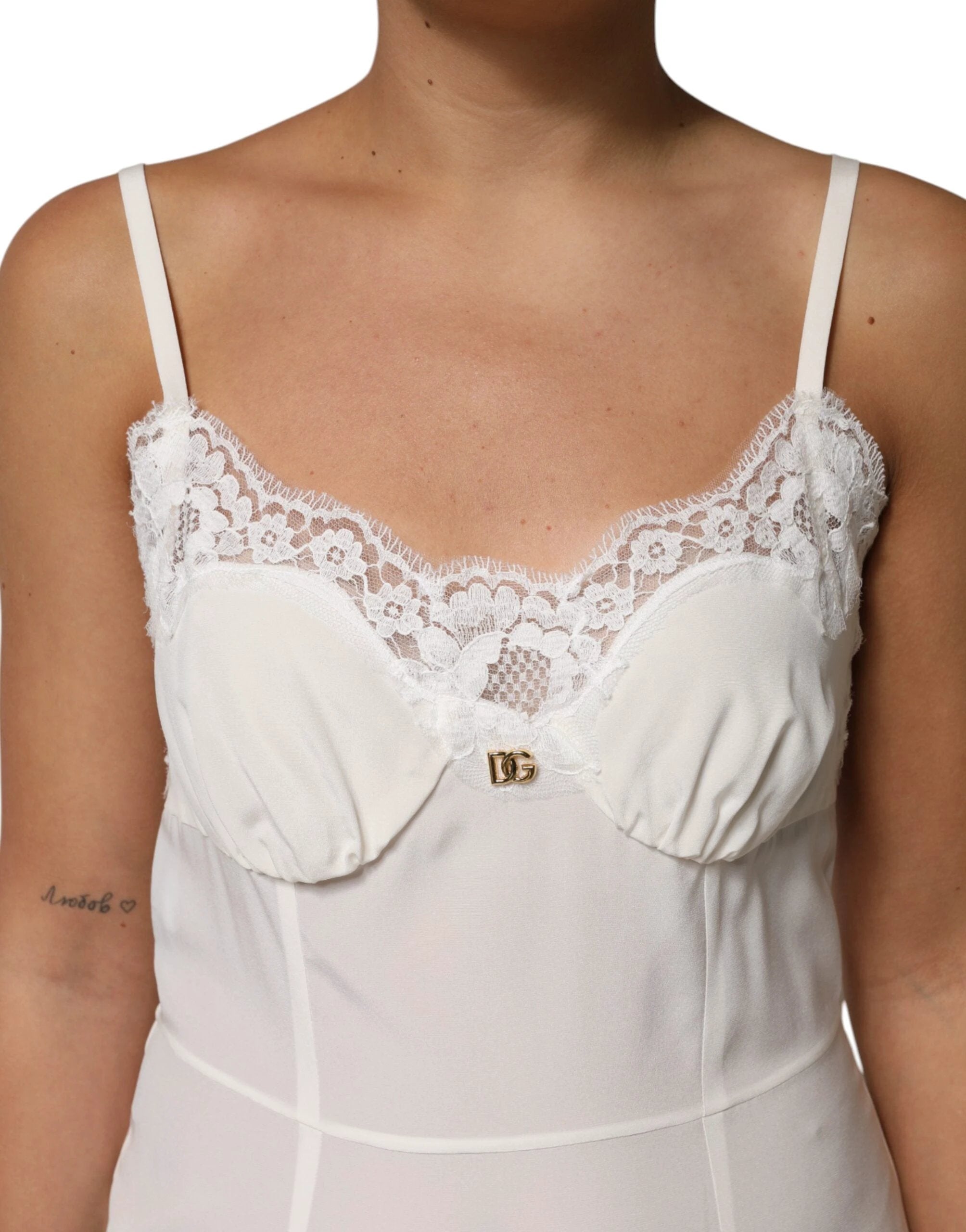 Dolce & Gabbana White Lace Gold DG Logo Silk Dress Sleepwear by Dolce & Gabbana