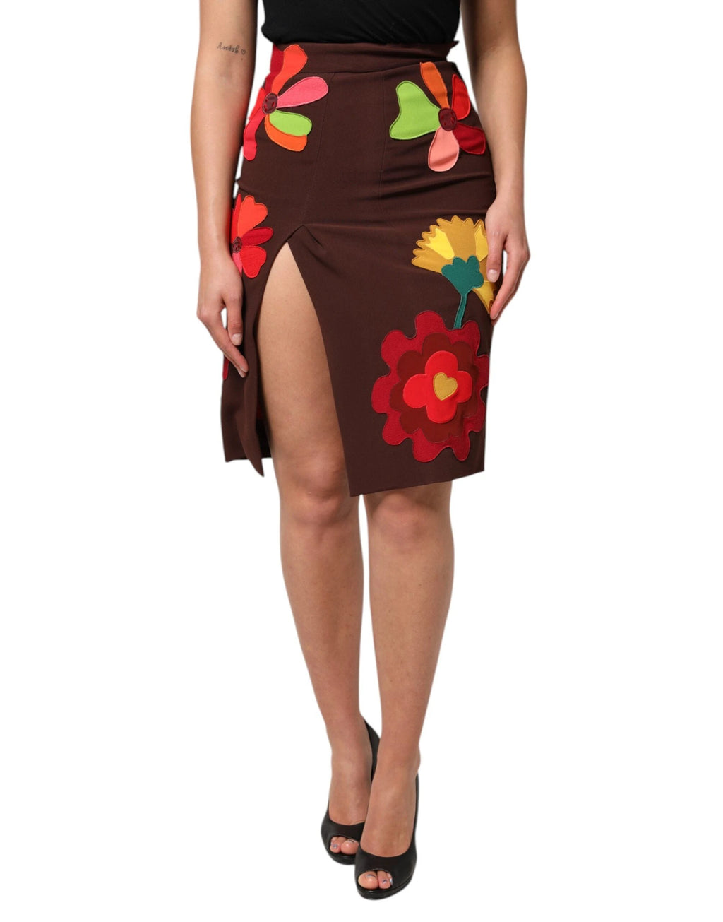 Dolce & Gabbana Brown Floral High Waist Side Slit Skirt by Dolce & Gabbana