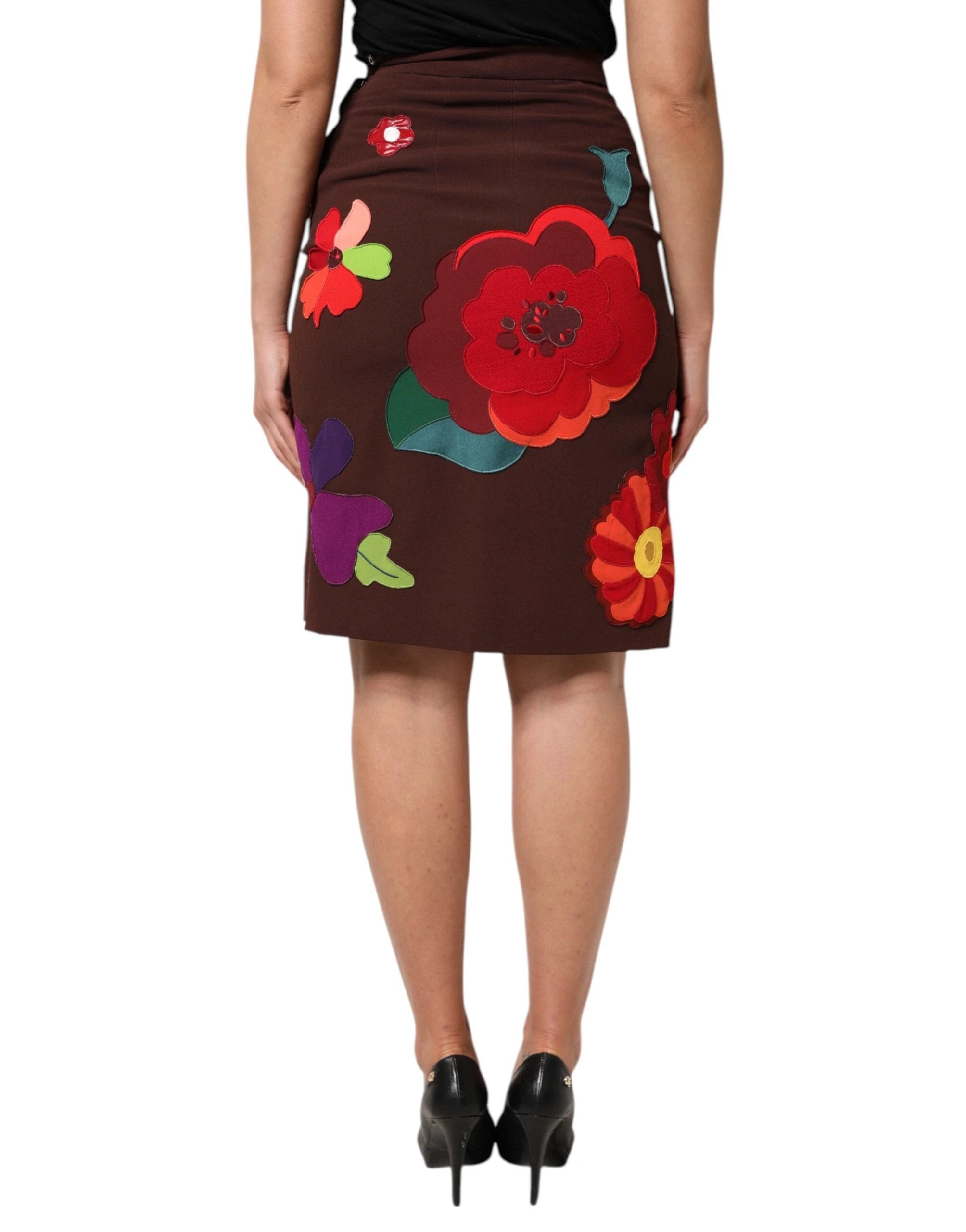 Dolce & Gabbana Brown Floral High Waist Side Slit Skirt by Dolce & Gabbana