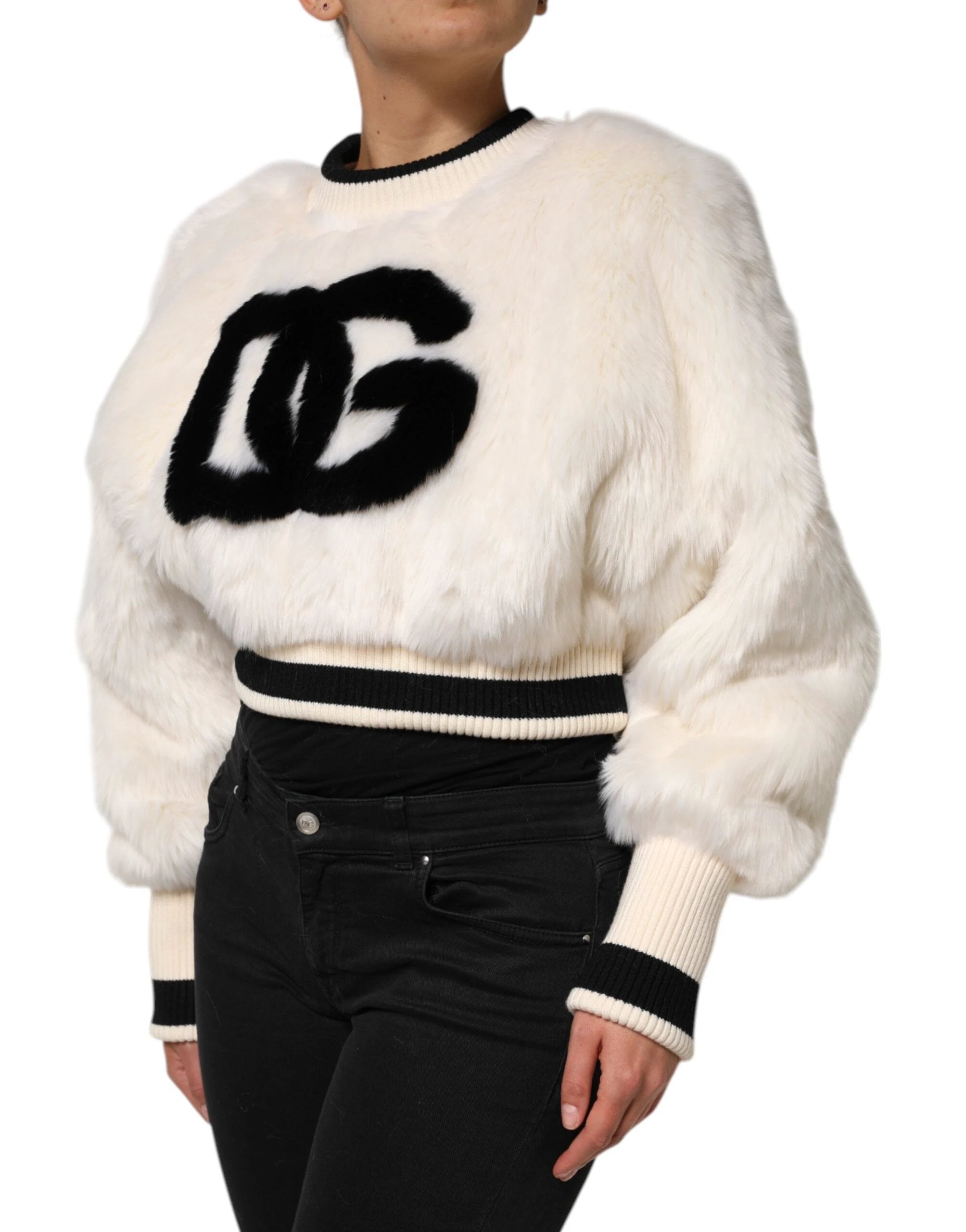 Dolce & Gabbana White Cropped Faux Fur DG Sweatshirt Sweater by Dolce & Gabbana