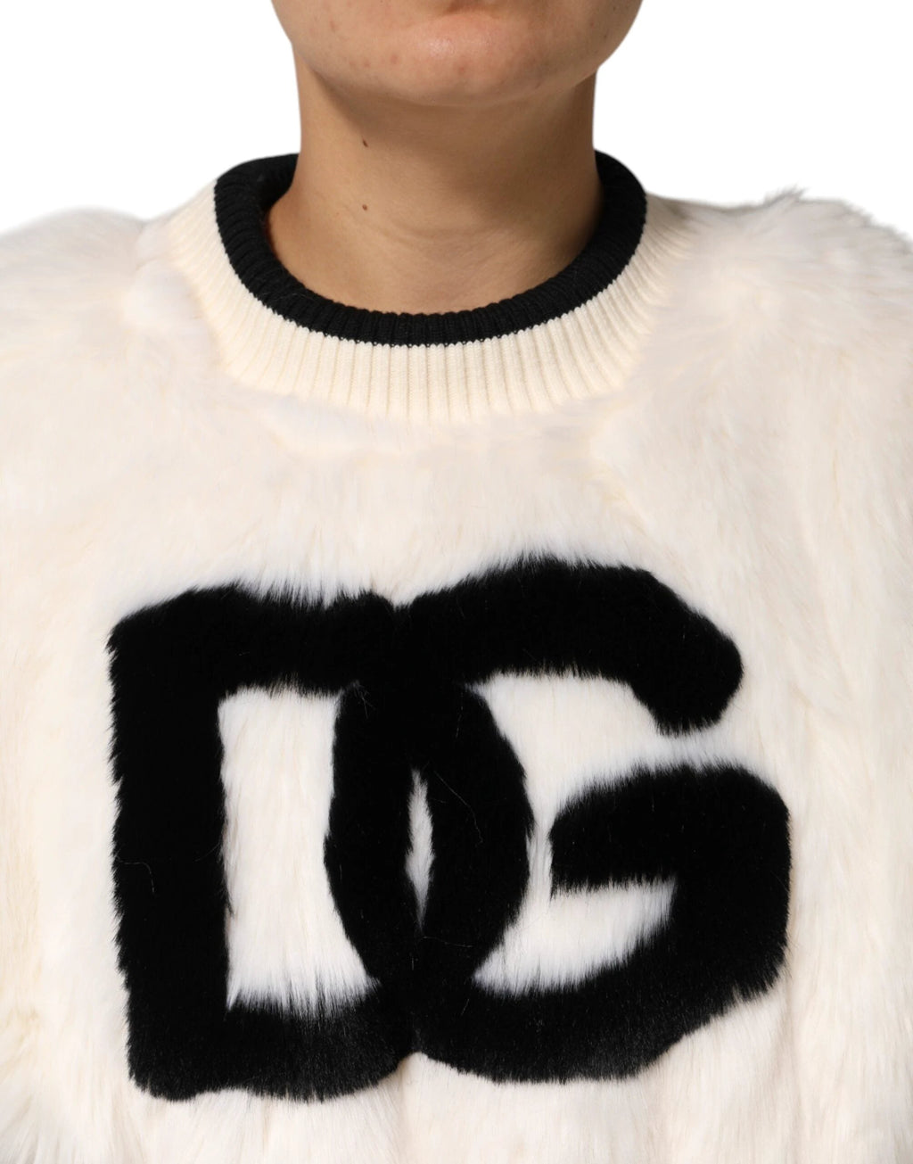 Dolce & Gabbana White Cropped Faux Fur DG Sweatshirt Sweater by Dolce & Gabbana