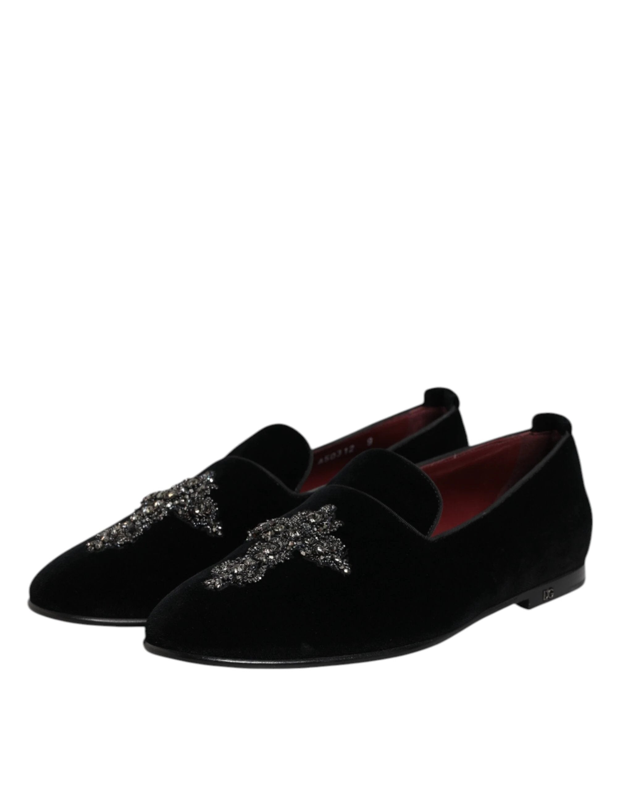 Dolce & Gabbana Black Velvet Embellished Loafer Slip On Shoes by Dolce & Gabbana