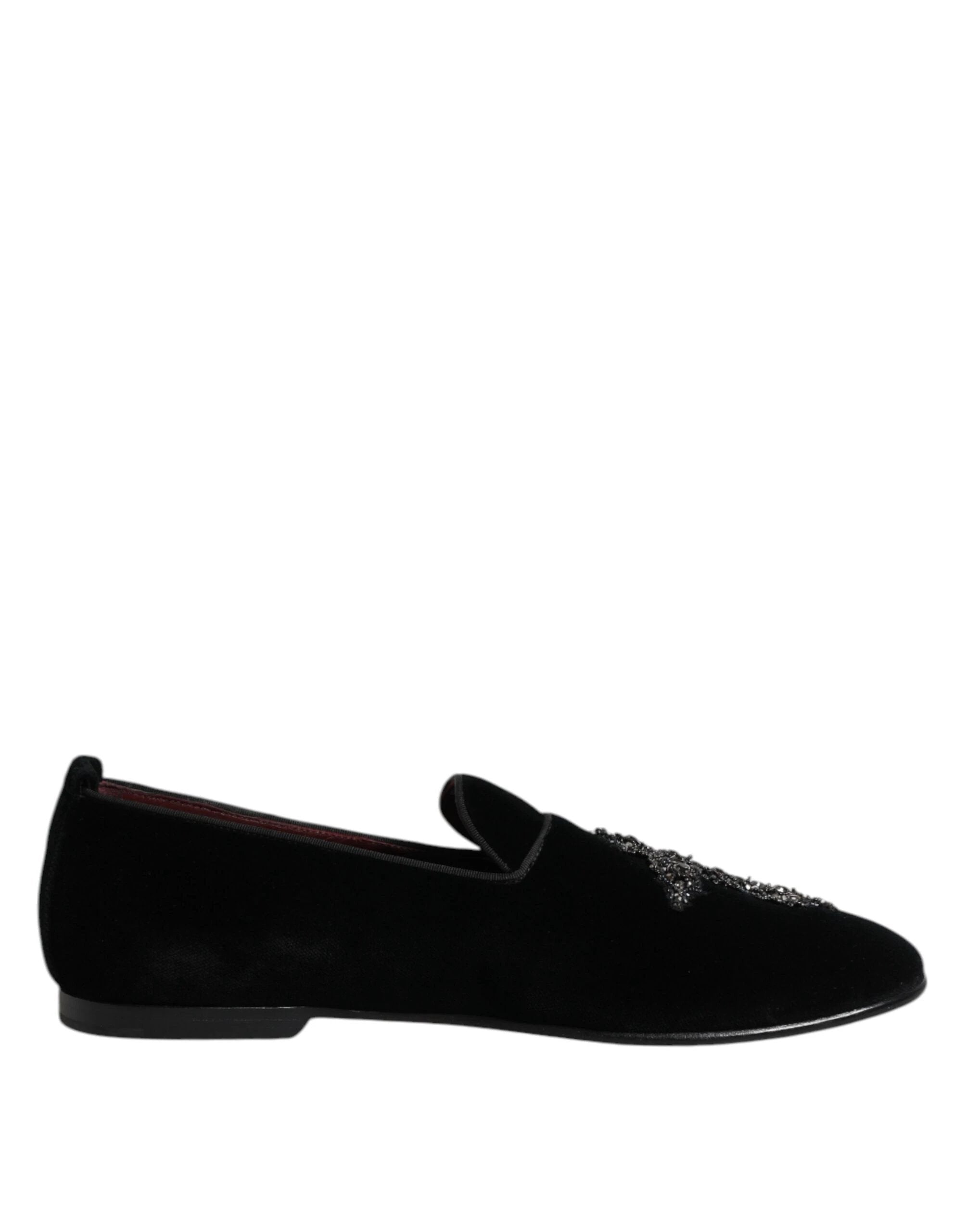 Dolce & Gabbana Black Velvet Embellished Loafer Slip On Shoes by Dolce & Gabbana