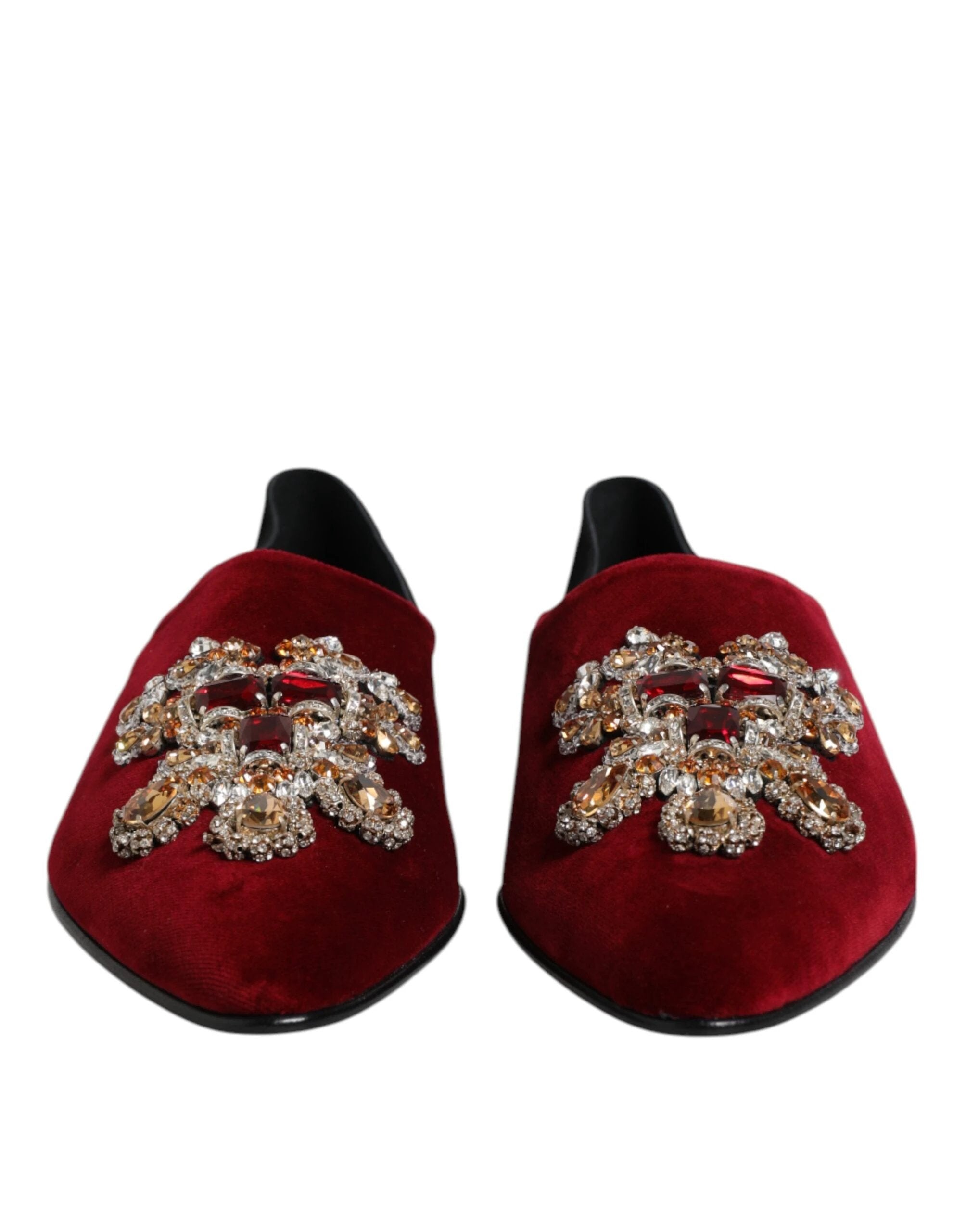 Dolce & Gabbana Black Red Velvet Embellished Slip On Shoes by Dolce & Gabbana