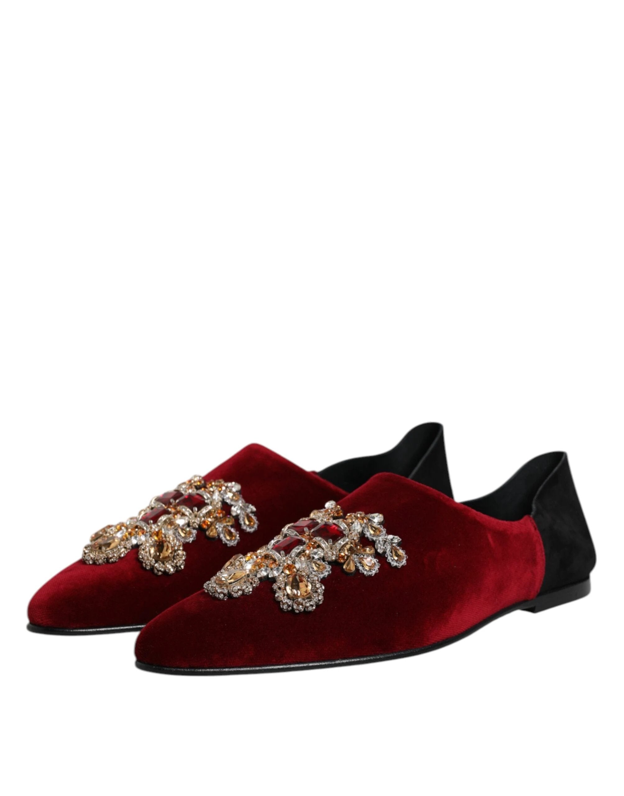 Dolce & Gabbana Black Red Velvet Embellished Slip On Shoes by Dolce & Gabbana