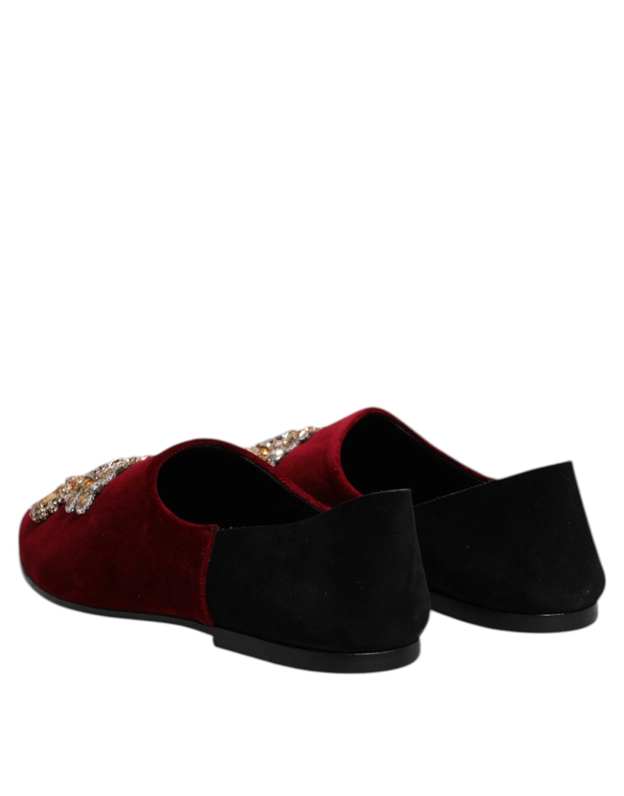 Dolce & Gabbana Black Red Velvet Embellished Slip On Shoes by Dolce & Gabbana