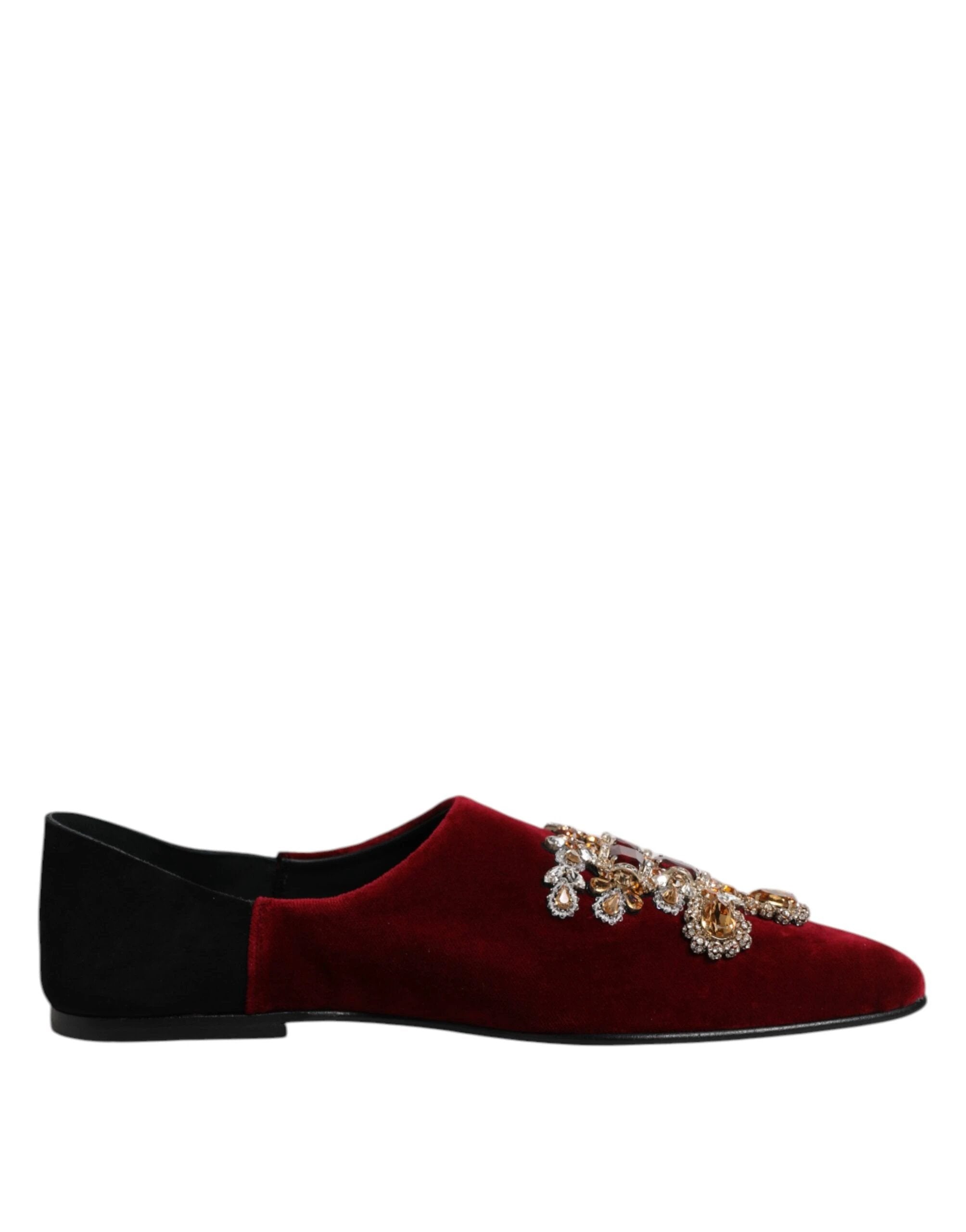 Dolce & Gabbana Black Red Velvet Embellished Slip On Shoes by Dolce & Gabbana