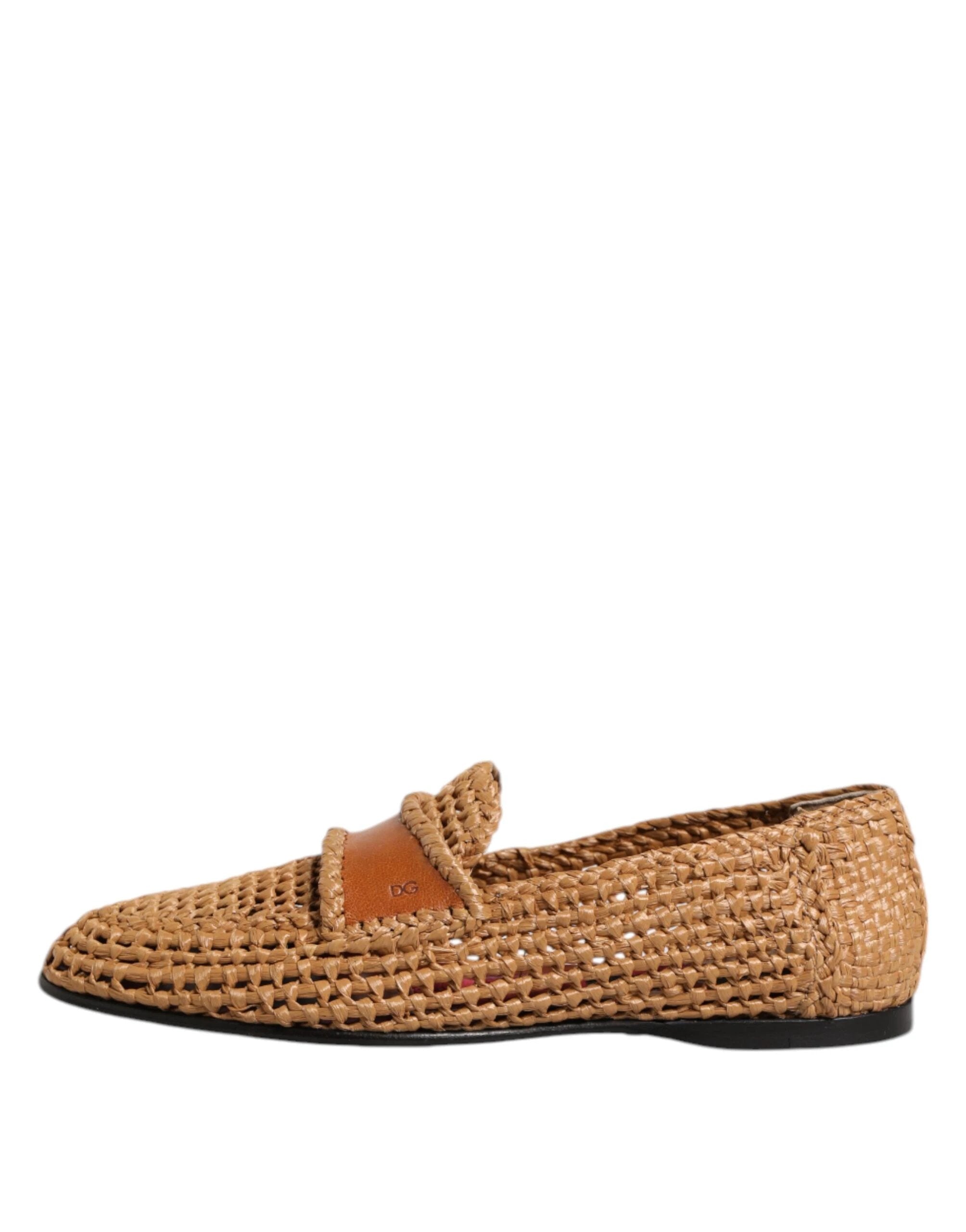 Dolce & Gabbana Brown Woven Raffia Slip On Loafers Shoes by Dolce & Gabbana