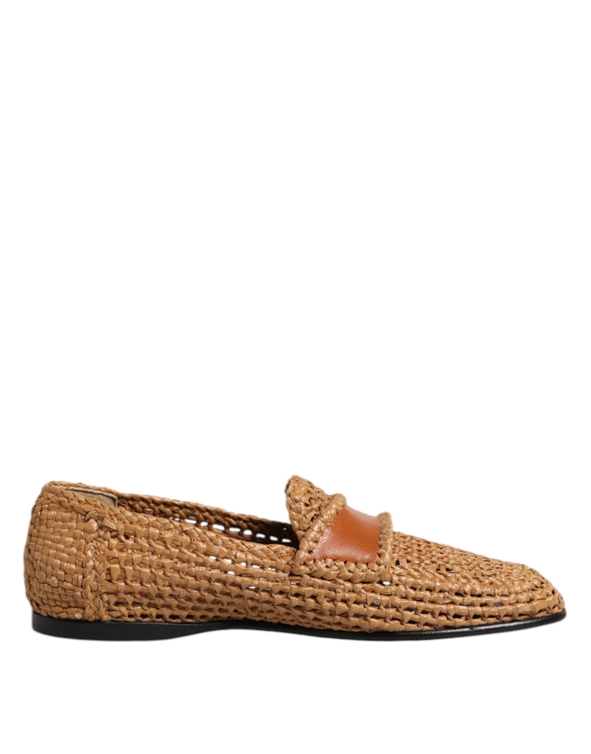Dolce & Gabbana Brown Woven Raffia Slip On Loafers Shoes by Dolce & Gabbana