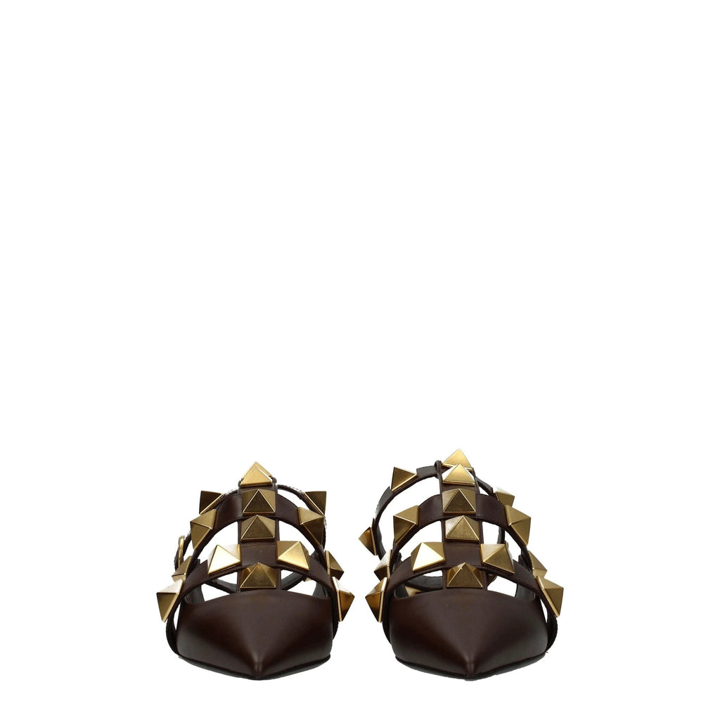 Valentino Garavani Brown Leather Flat Sandals by Valentino Garavani