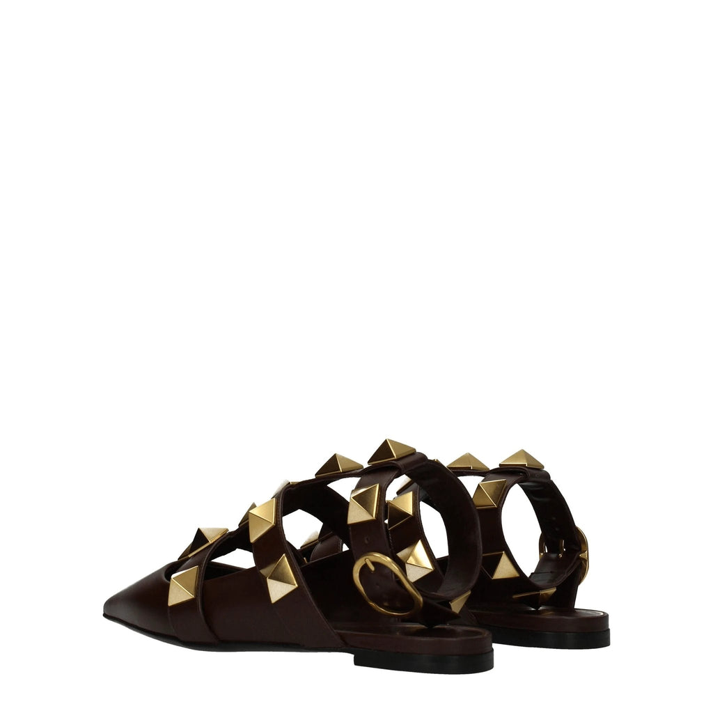Valentino Garavani Brown Leather Flat Sandals by Valentino Garavani