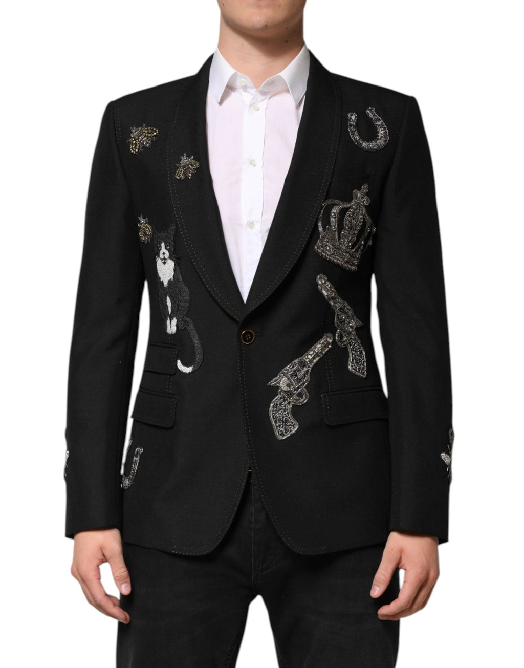 Dolce & Gabbana Black Bee Crown Embellished Suit Coat Blazer by Dolce & Gabbana