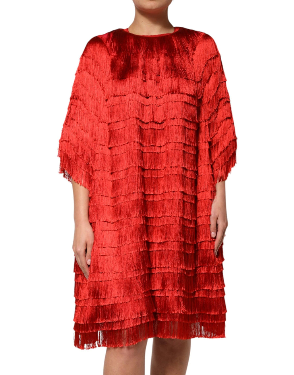 Dolce & Gabbana Red Silk Tiers Fringe Shift Knee Length Dress by Dolce & Gabbana