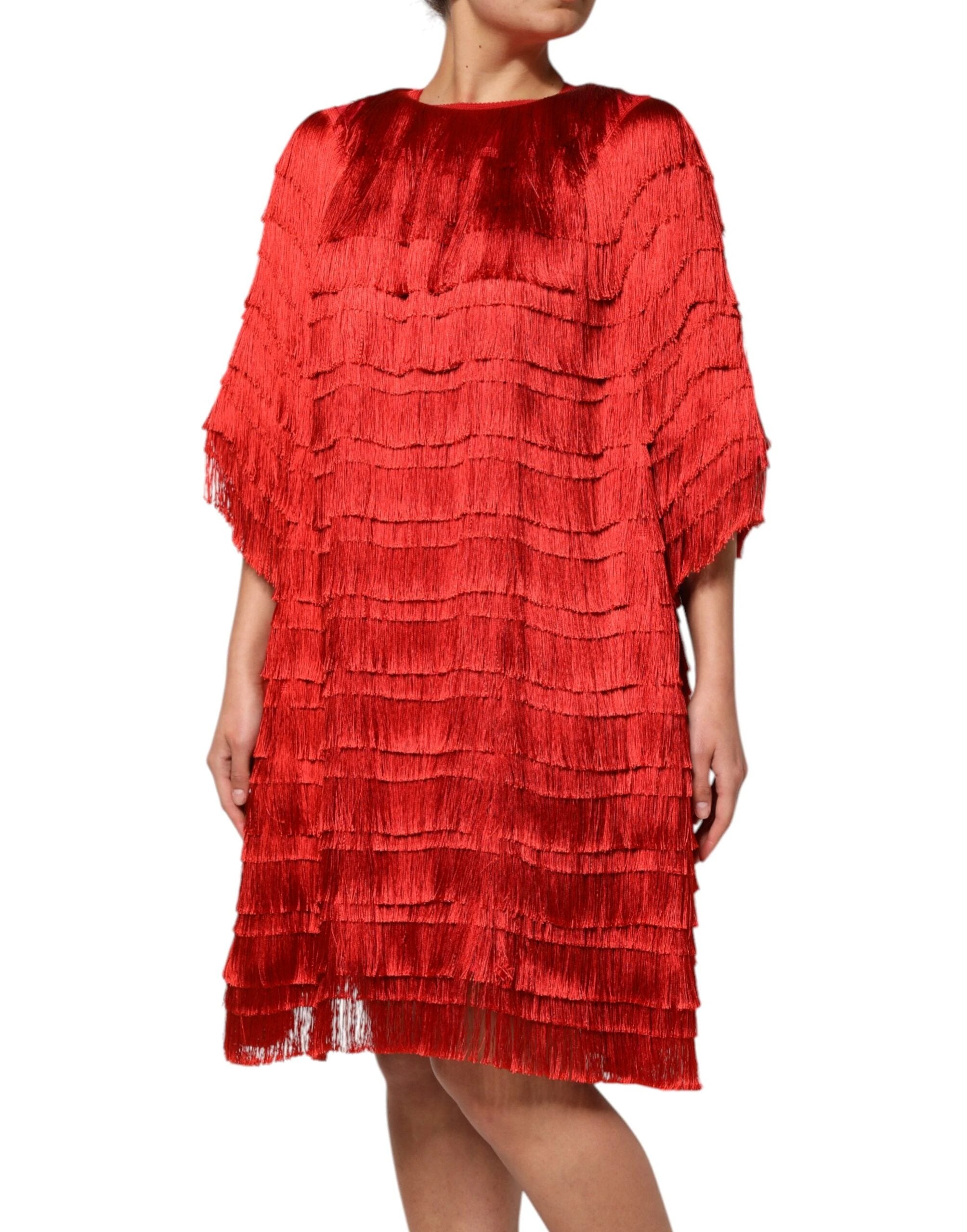 Dolce & Gabbana Red Silk Tiers Fringe Shift Knee Length Dress by Dolce & Gabbana
