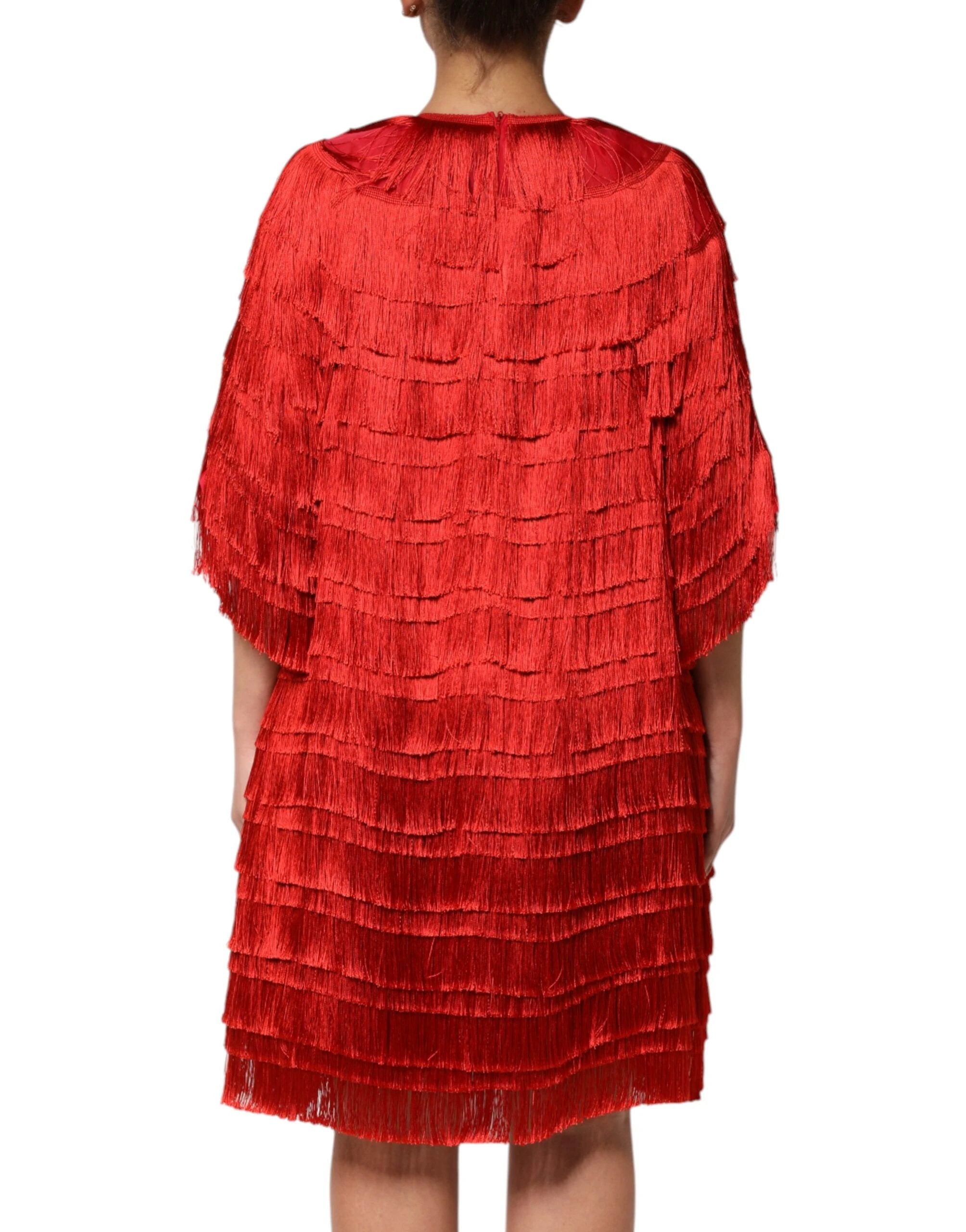 Dolce & Gabbana Red Silk Tiers Fringe Shift Knee Length Dress by Dolce & Gabbana