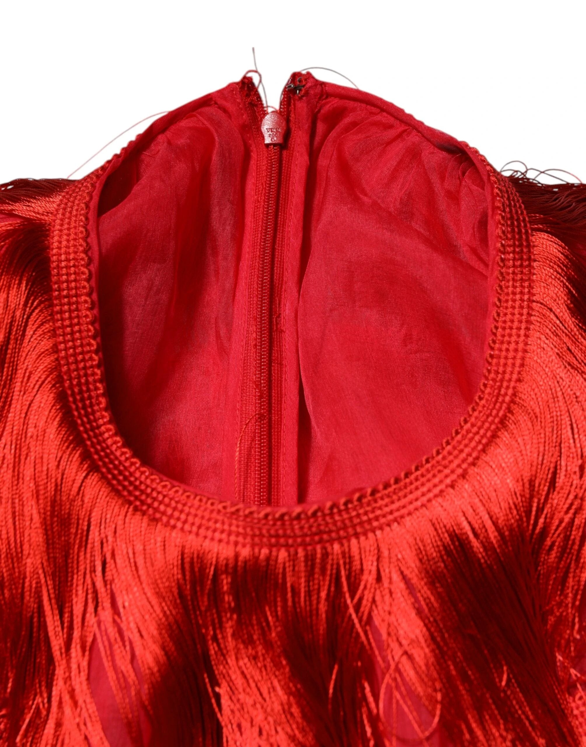 Dolce & Gabbana Red Silk Tiers Fringe Shift Knee Length Dress by Dolce & Gabbana