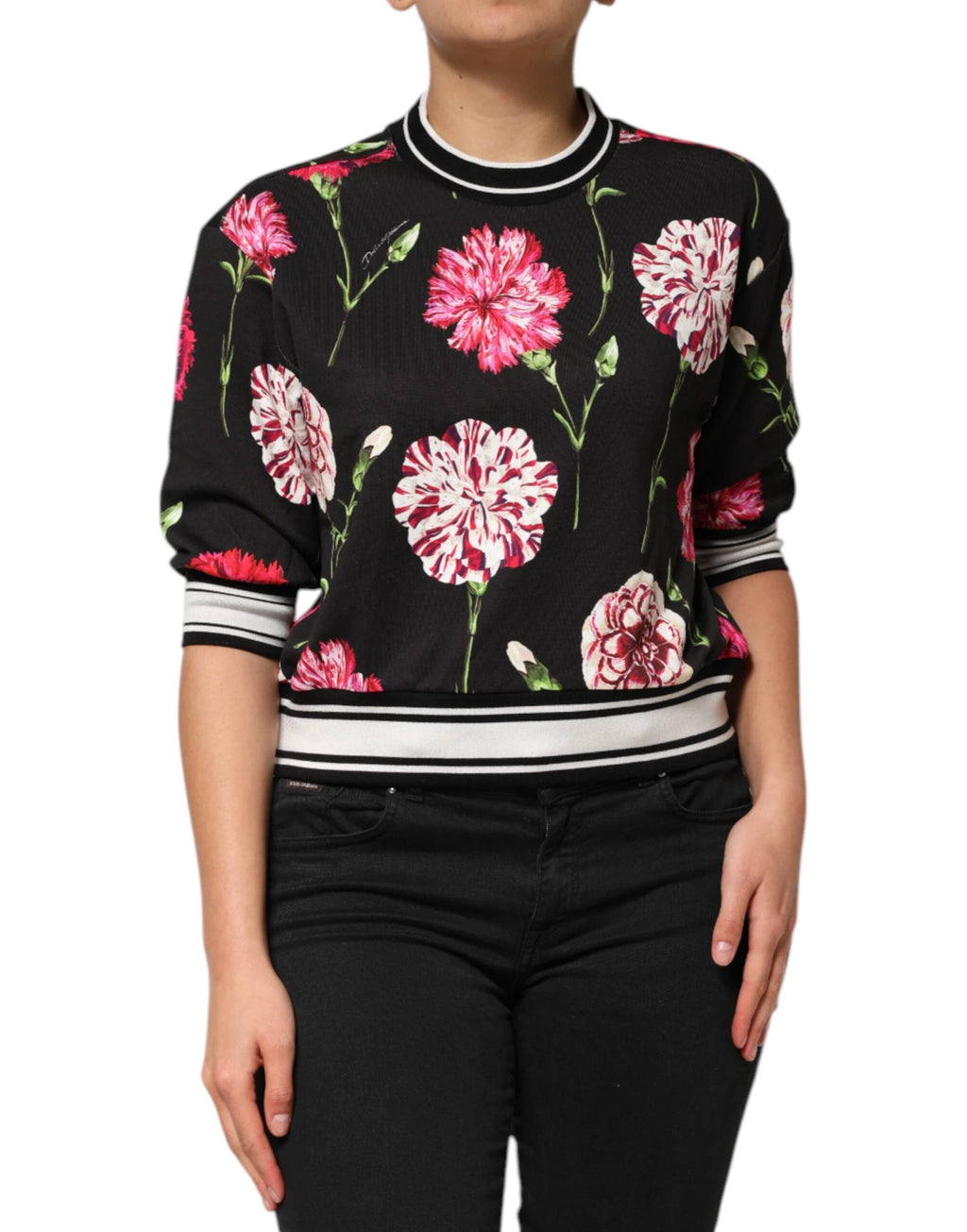 Dolce & Gabbana Black Floral Print Cotton Short Sleeves Top by Dolce & Gabbana