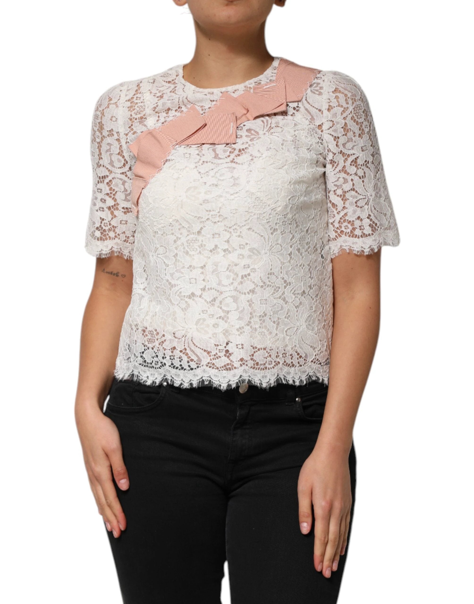 Dolce & Gabbana White Floral Lace Short Sleeves Blouse Top by Dolce & Gabbana