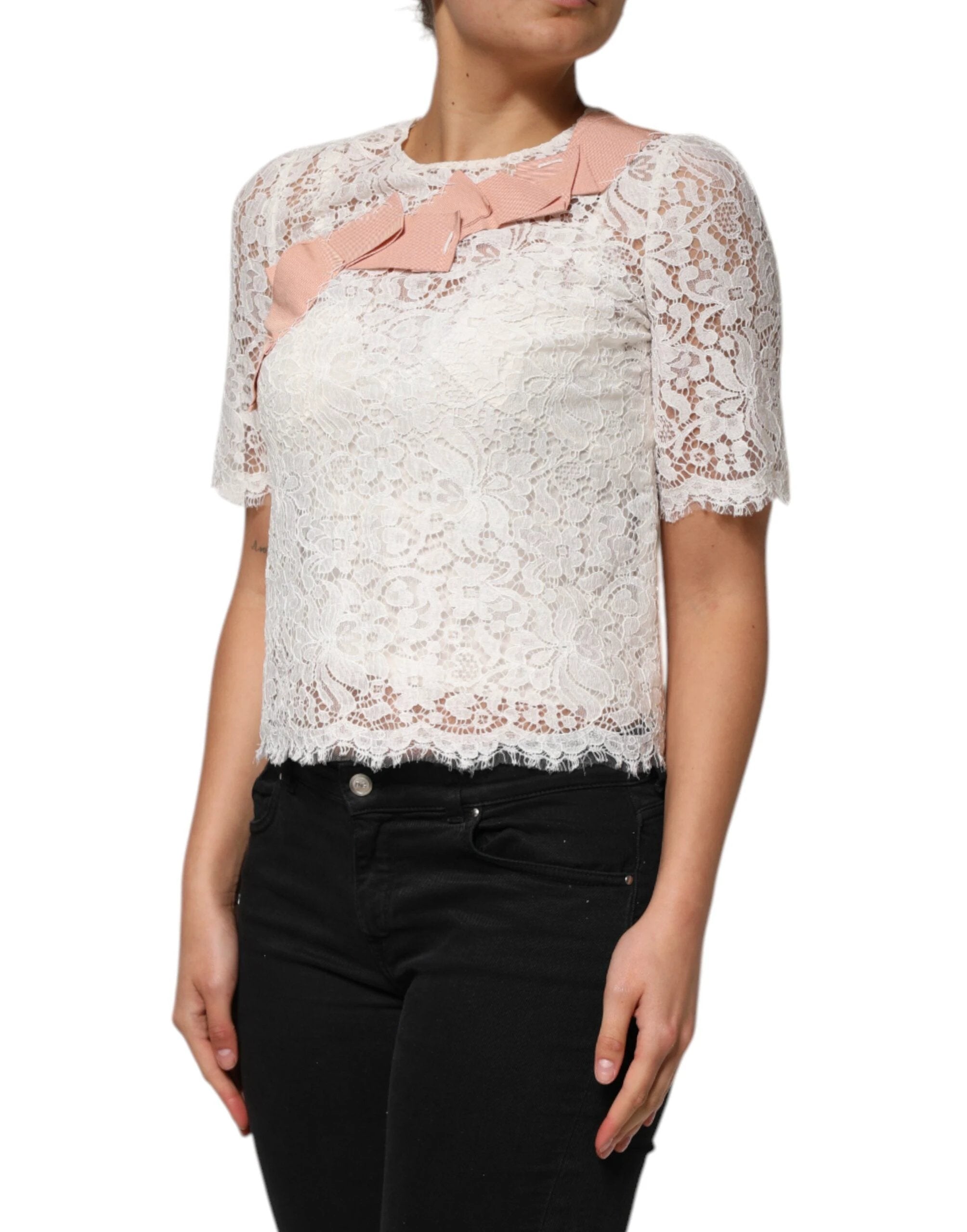 Dolce & Gabbana White Floral Lace Short Sleeves Blouse Top by Dolce & Gabbana