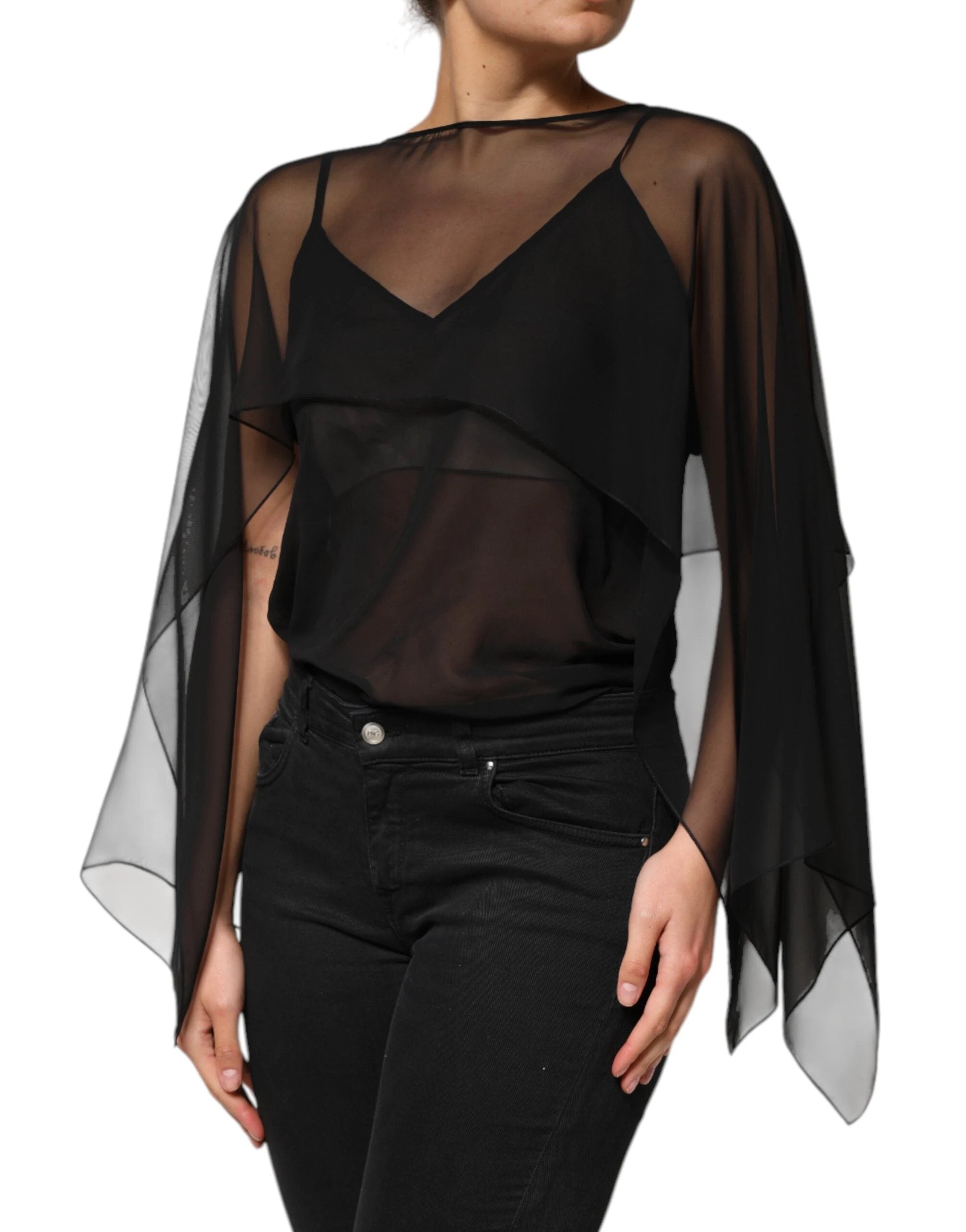 Dolce & Gabbana Black See Through Silk Chiffon Lace Blouse Top by Dolce & Gabbana