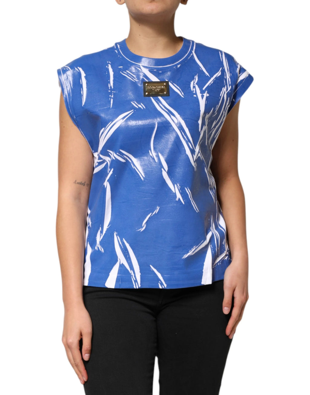 Dolce & Gabbana Blue White Cotton Logo Plaque Women Tank Top by Dolce & Gabbana