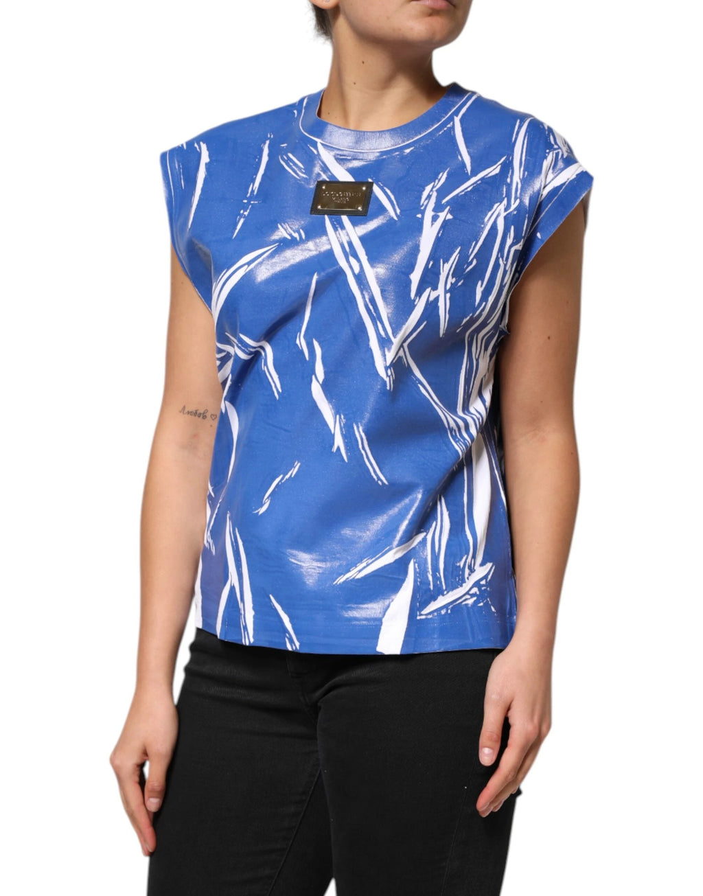 Dolce & Gabbana Blue White Cotton Logo Plaque Women Tank Top by Dolce & Gabbana