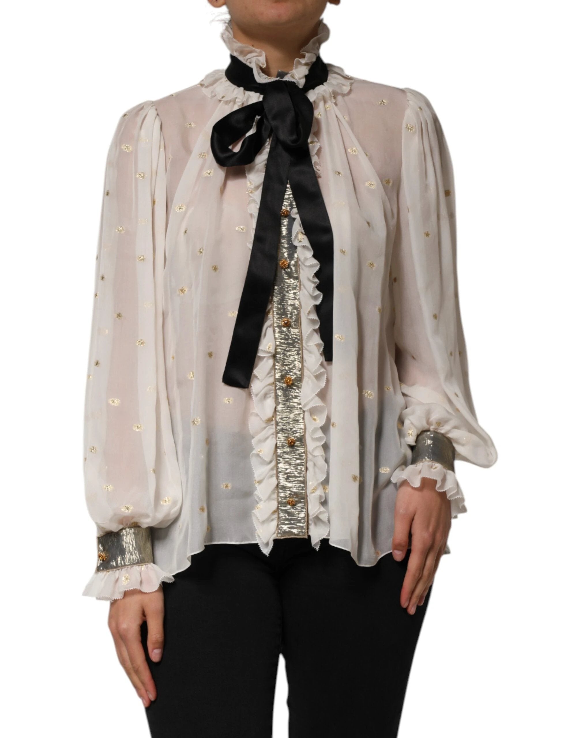Dolce & Gabbana White Black Silk Long Sleeve Ascot Collar Top by Dolce & Gabbana