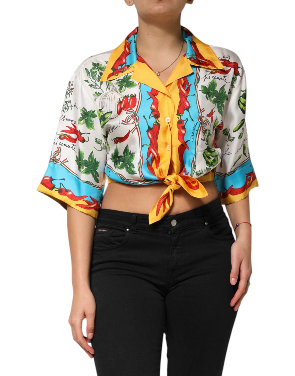 Dolce & Gabbana Multicolor Chili Silk Cropped Blouse Top by Dolce & Gabbana
