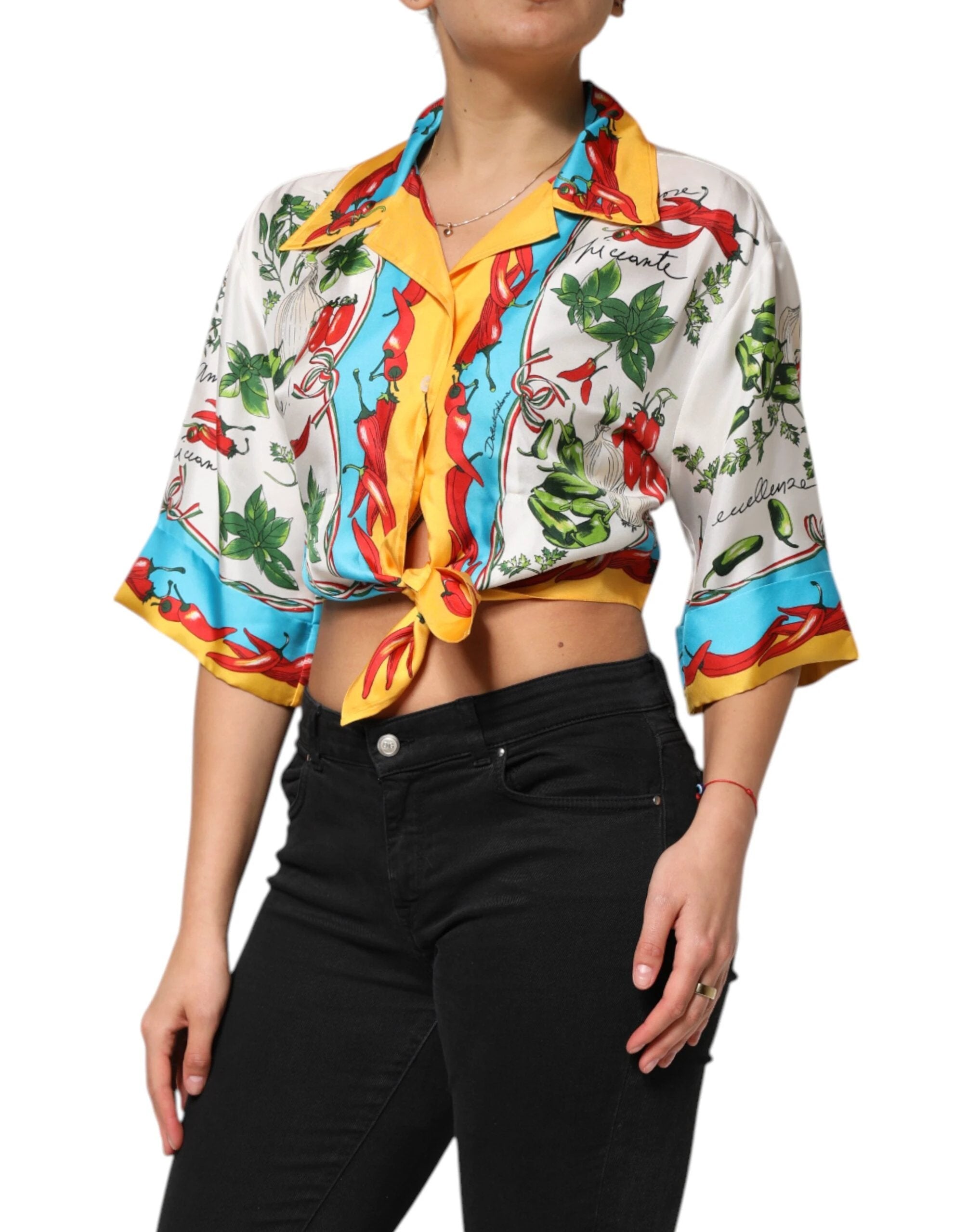 Dolce & Gabbana Multicolor Chili Silk Cropped Blouse Top by Dolce & Gabbana