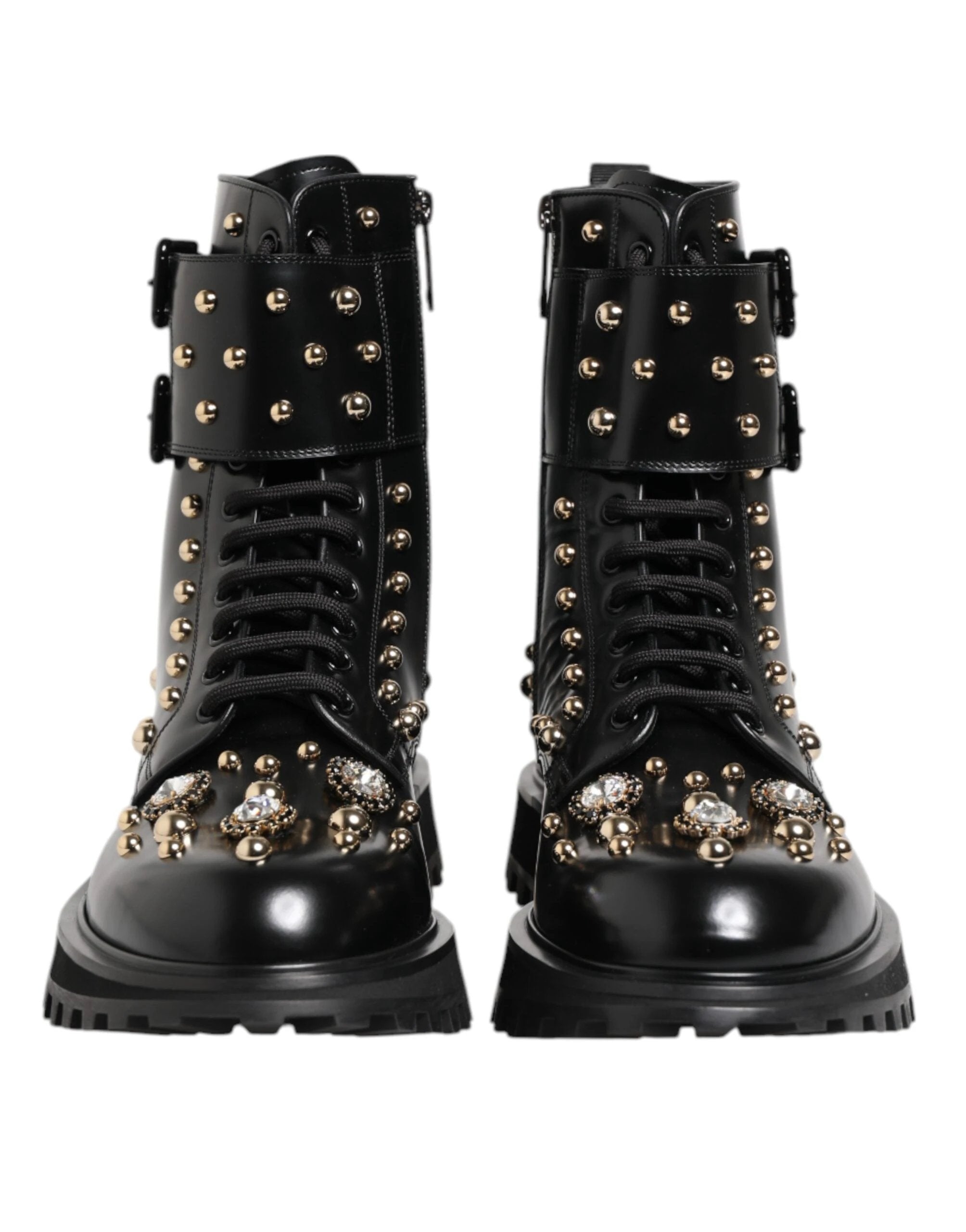 Dolce & Gabbana Black Studded Lace Up Mid Calf Boots Shoes by Dolce & Gabbana