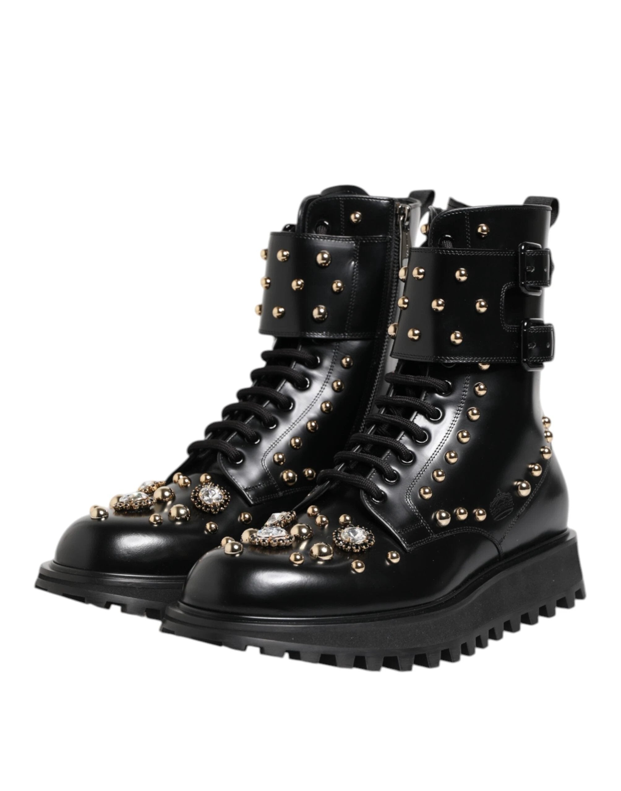 Dolce & Gabbana Black Studded Lace Up Mid Calf Boots Shoes by Dolce & Gabbana