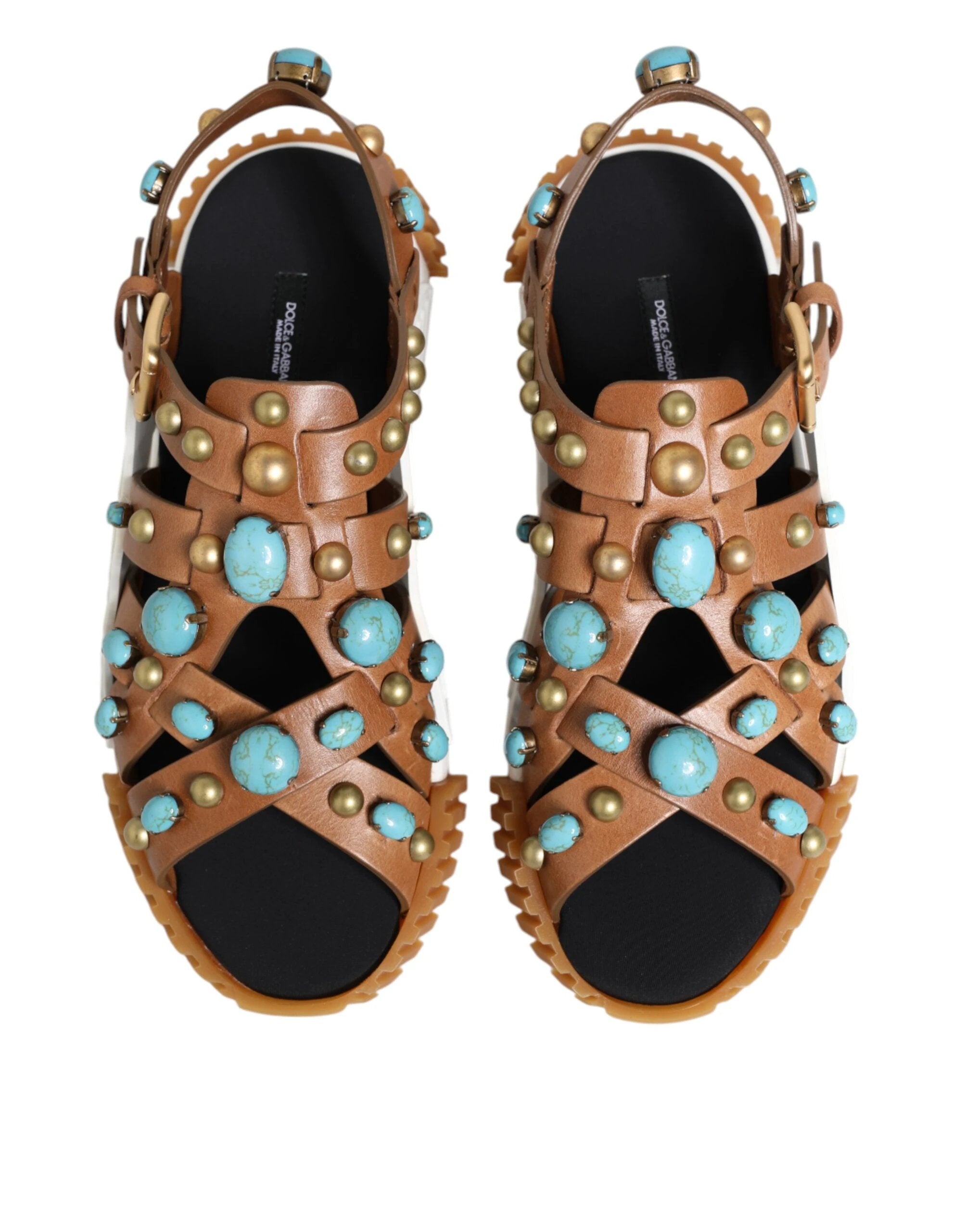 Dolce & Gabbana Brown Leather Studded Slides Sandals Shoes by Dolce & Gabbana