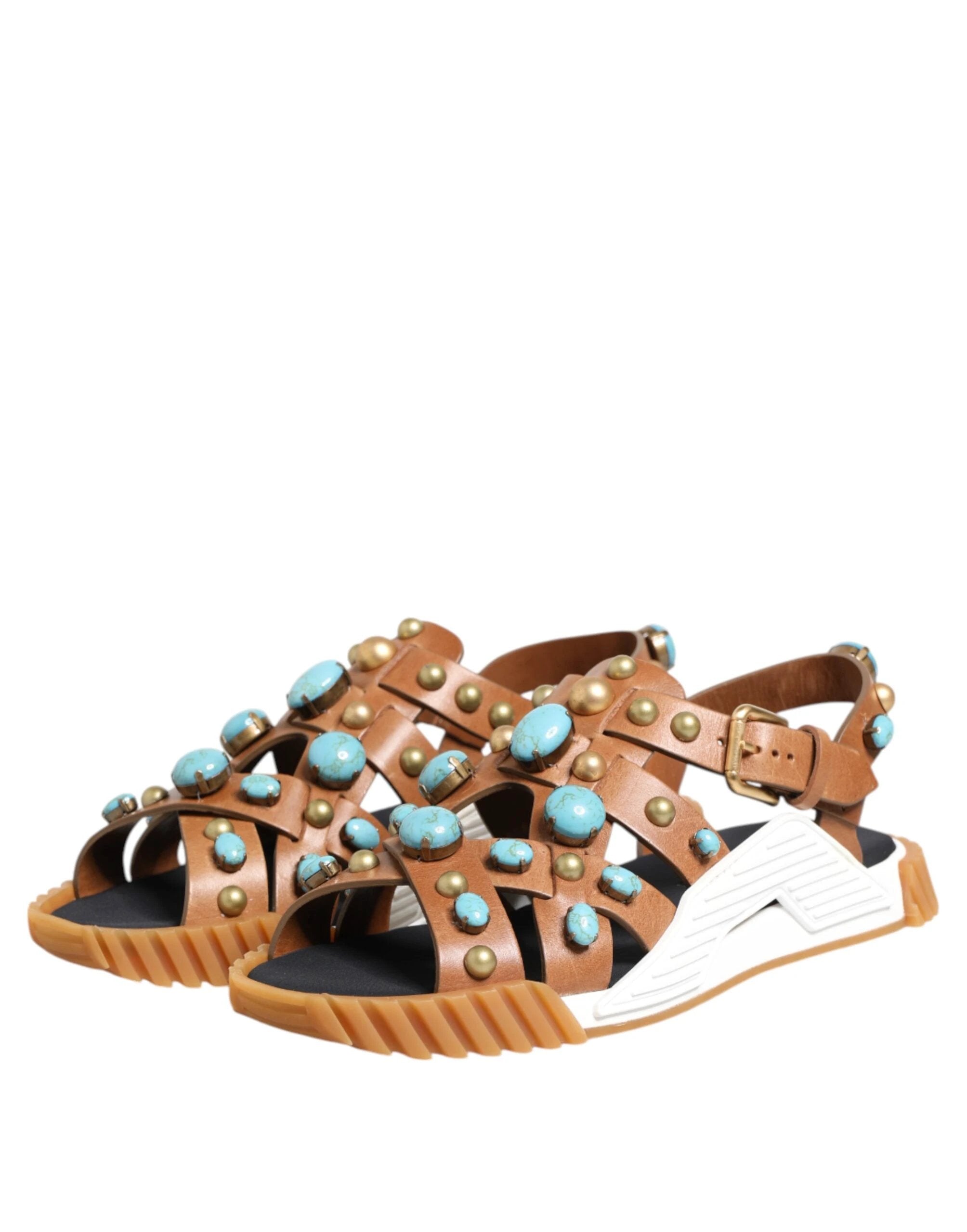 Dolce & Gabbana Brown Leather Studded Slides Sandals Shoes by Dolce & Gabbana