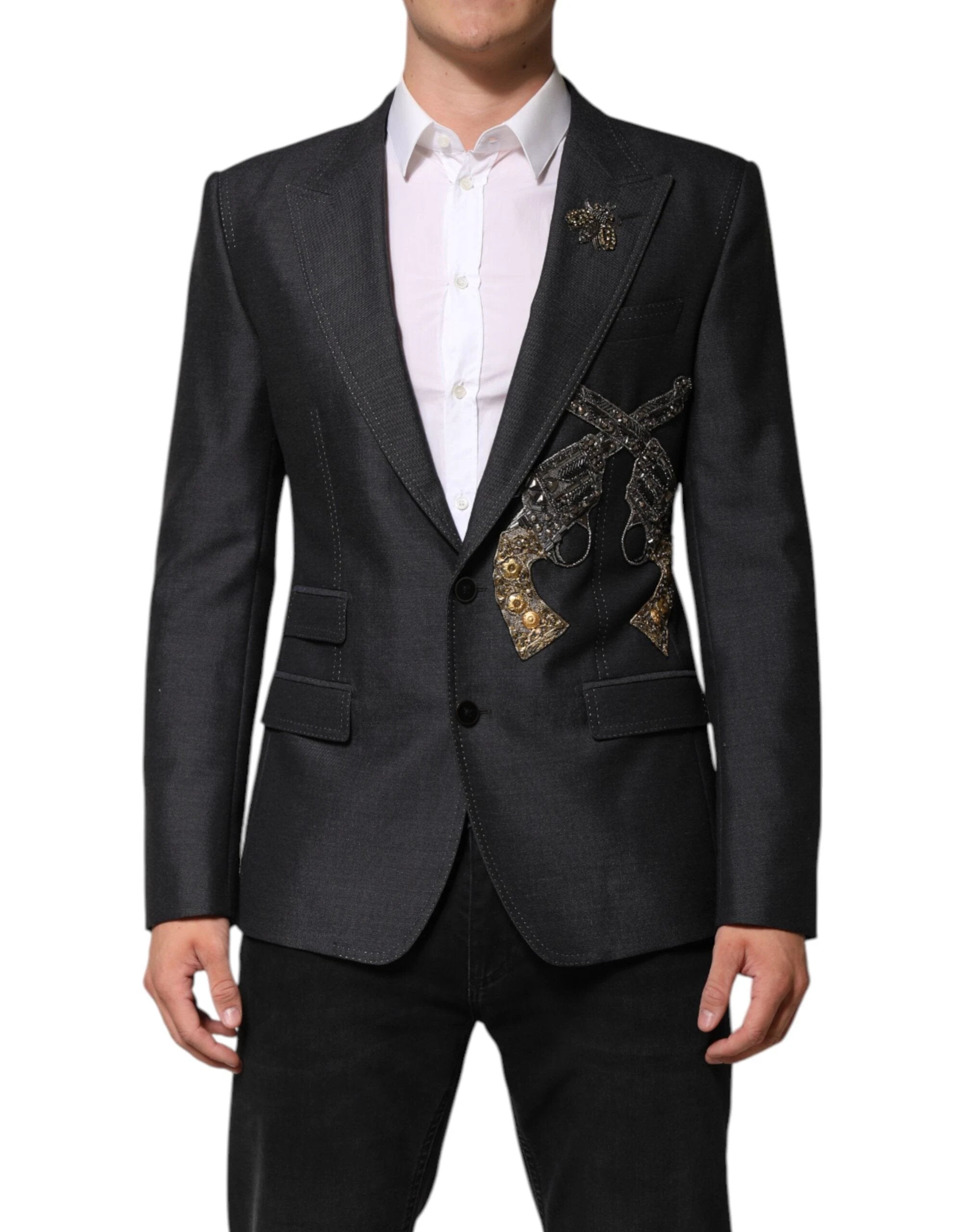 Dolce & Gabbana Dark Gray Bee Embroidery Wool Coat Blazer by Dolce & Gabbana