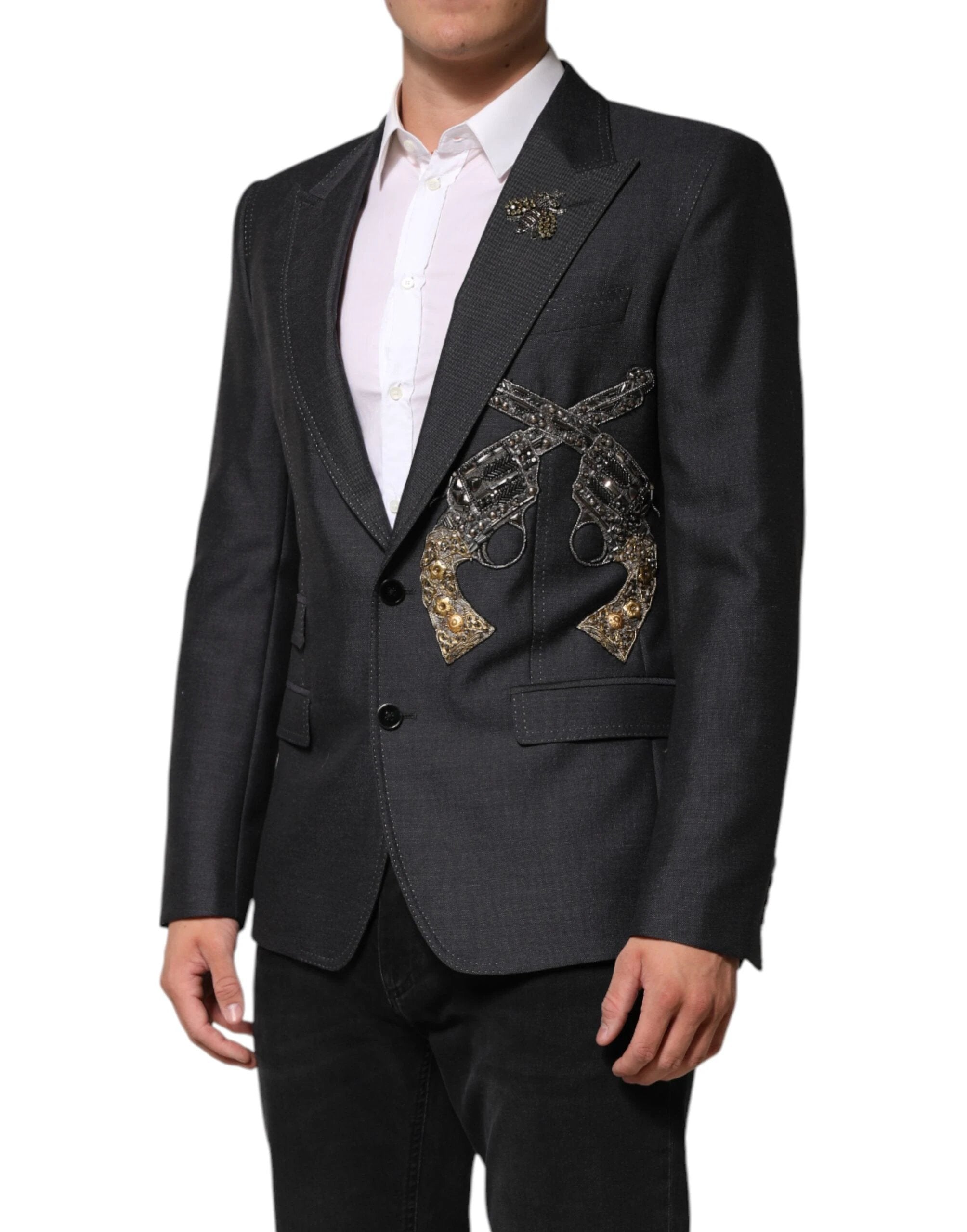 Dolce & Gabbana Dark Gray Bee Embroidery Wool Coat Blazer by Dolce & Gabbana