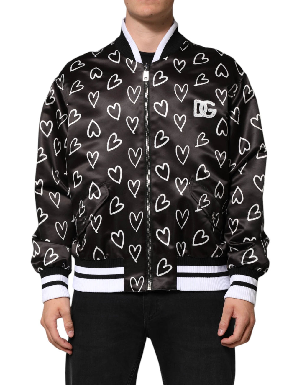 Dolce & Gabbana Black Polyester Heart Print Bomber Jacket by Dolce & Gabbana