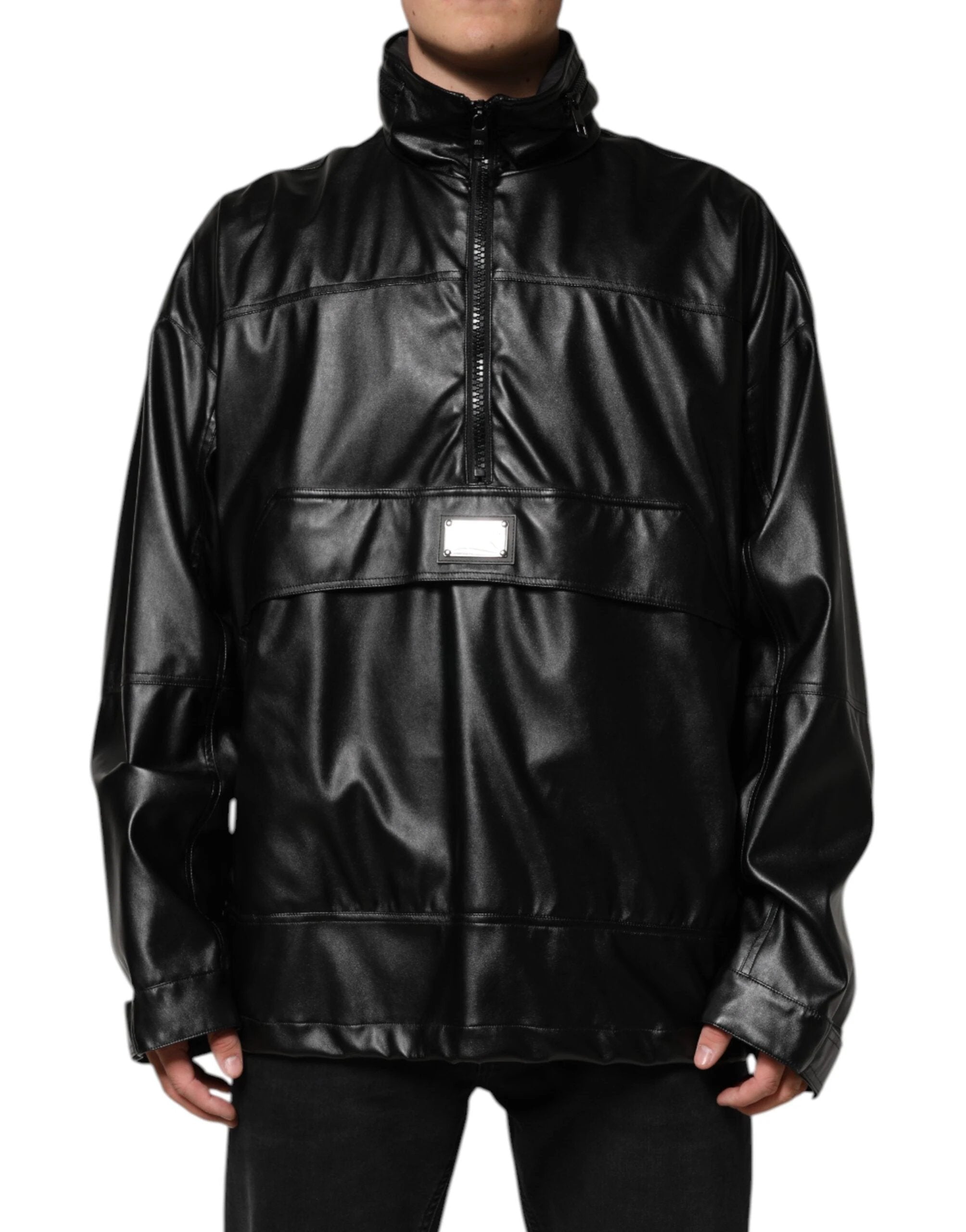 Dolce & Gabbana Black Polyester Logo Plaque Bomber Jacket by Dolce & Gabbana