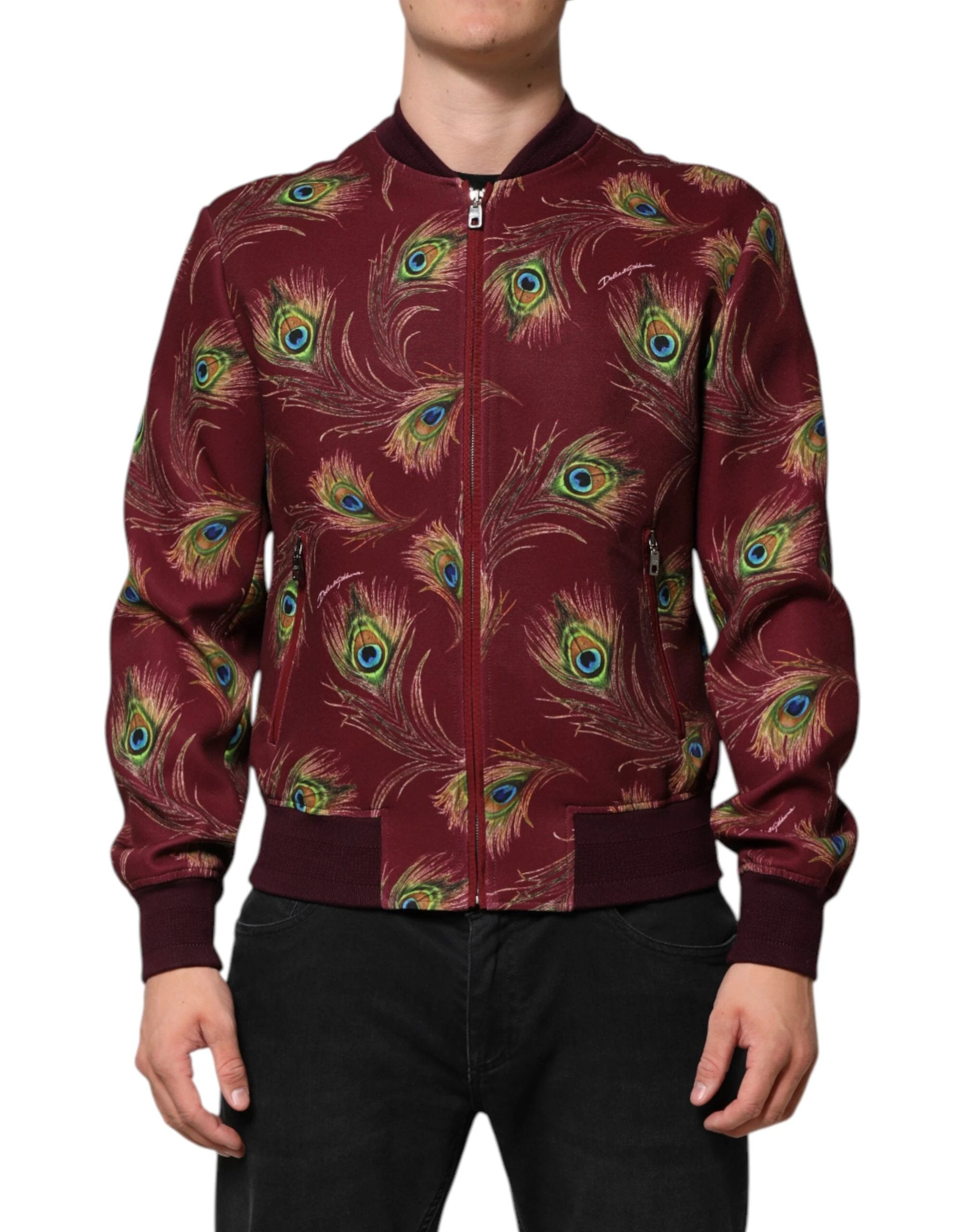 Dolce & Gabbana Maroon Peacock Feather Print Bomber Jacket by Dolce & Gabbana