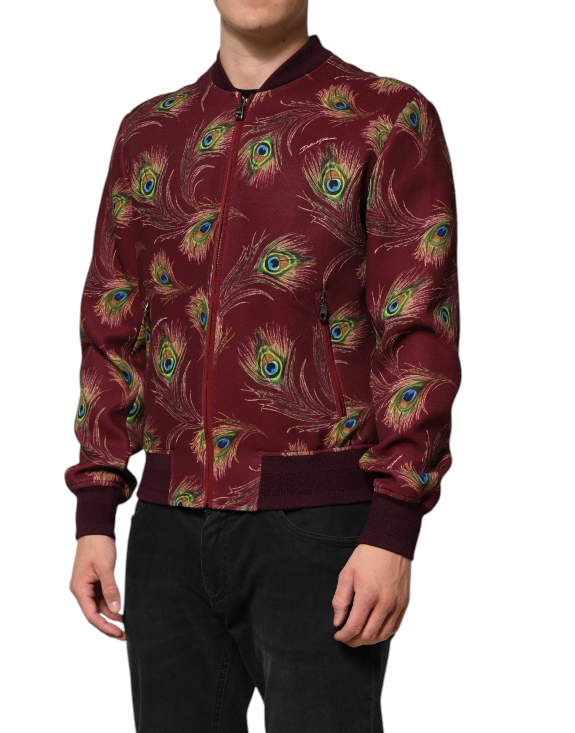 Dolce & Gabbana Maroon Peacock Feather Print Bomber Jacket by Dolce & Gabbana