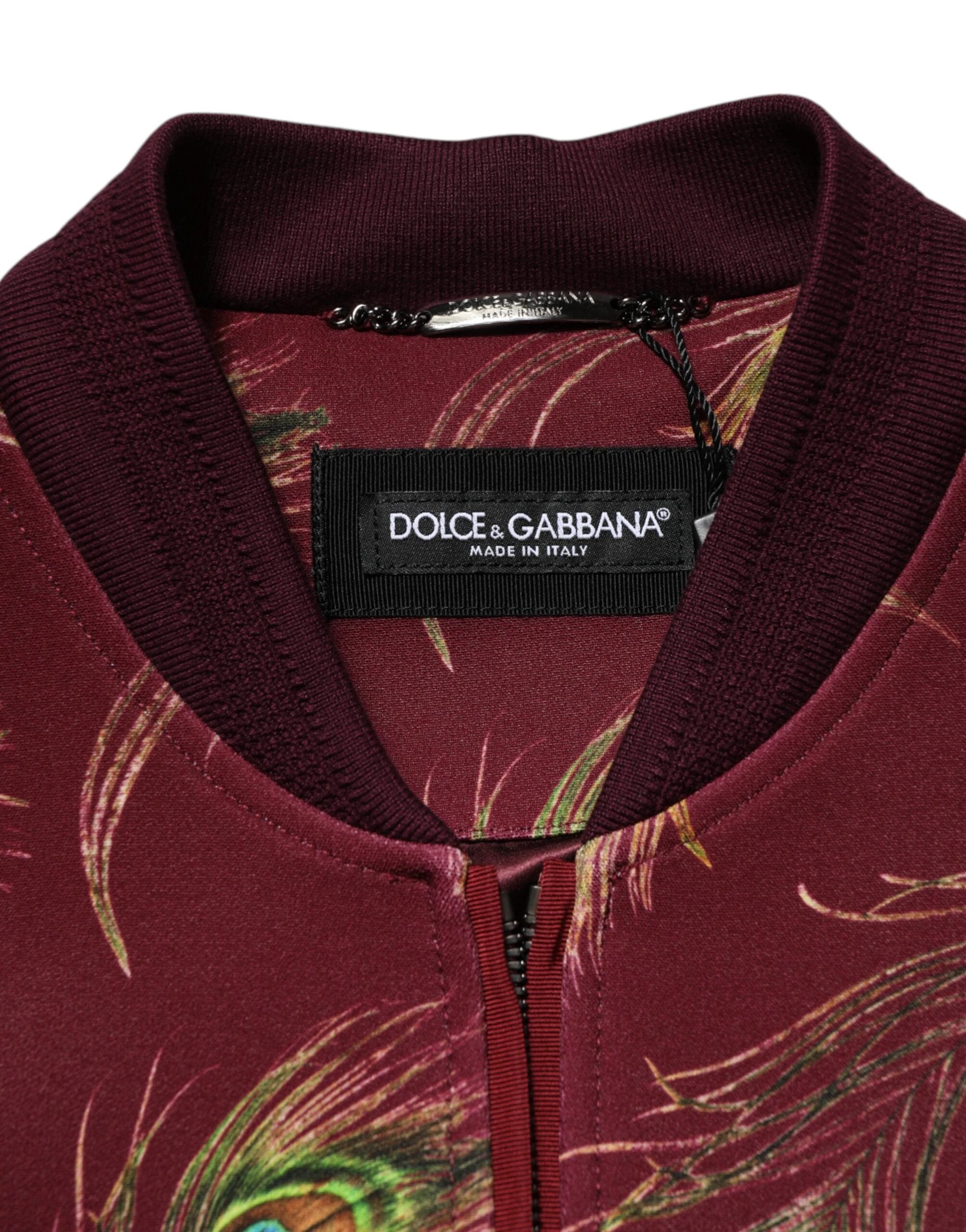 Dolce & Gabbana Maroon Peacock Feather Print Bomber Jacket by Dolce & Gabbana