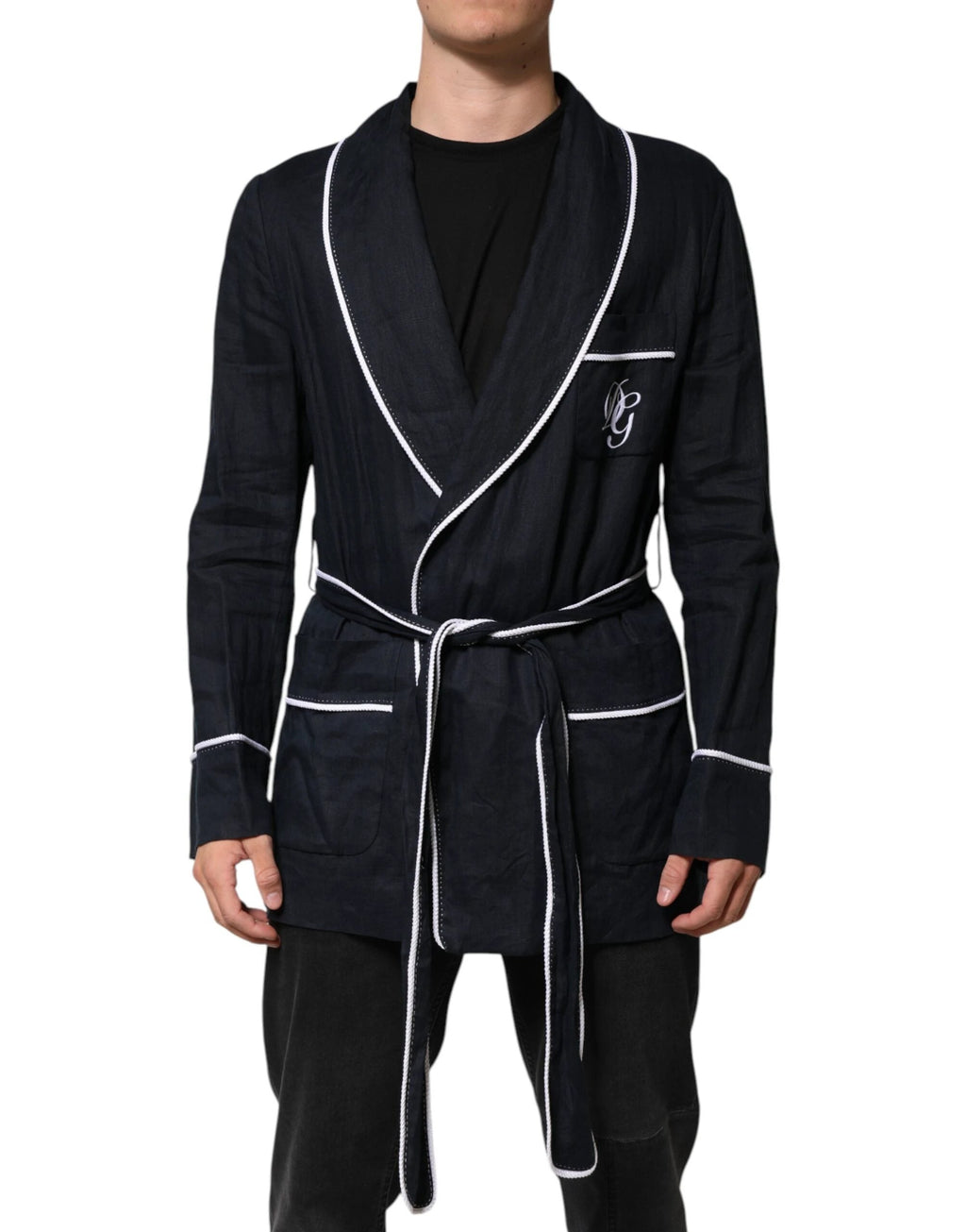 Dolce & Gabbana Dark Blue DG Embroidery Jacket Robe Blazer by Dolce & Gabbana